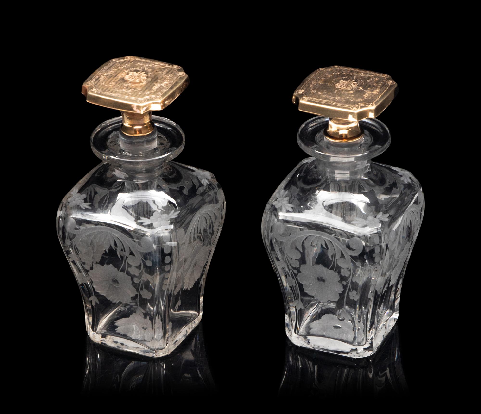 Two American 14-Karat Gold Mounted Cut Glass Toiletry Bottles