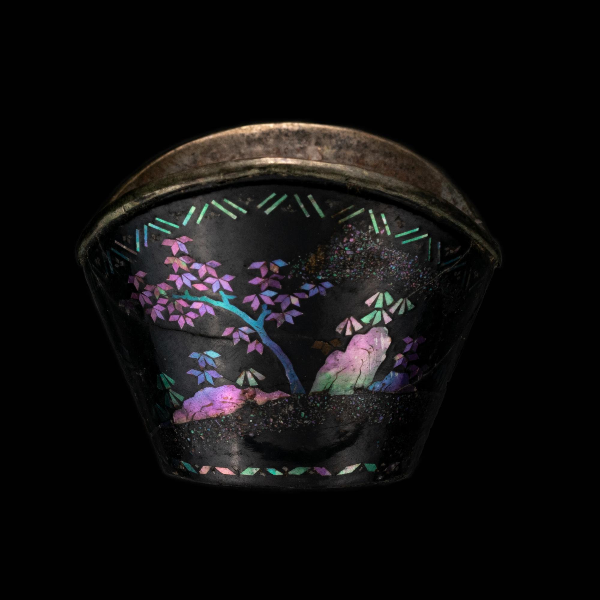 A Set of Six Mother-of-Pearl Inlaid Black Lacquer Ingot-Form Cups