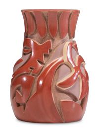 Red and Sienna Carved Pottery Vase