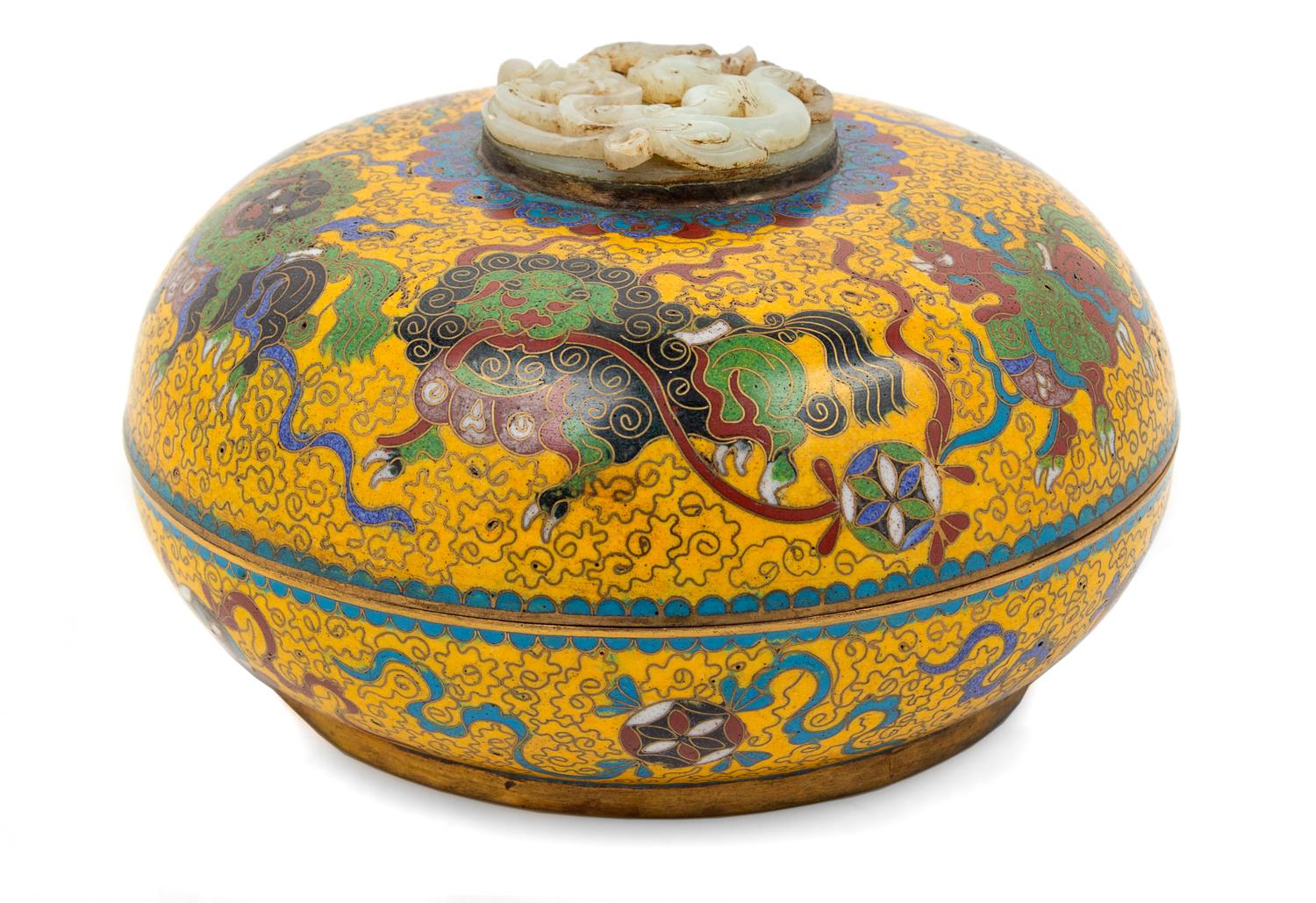 A Celadon Jade Inset Cloisonne Enamel Circular Covered Box Diameter 8 inches. — JADE: 18TH/19TH CENTURYBOX: LATE 19TH/20TH CENTURY