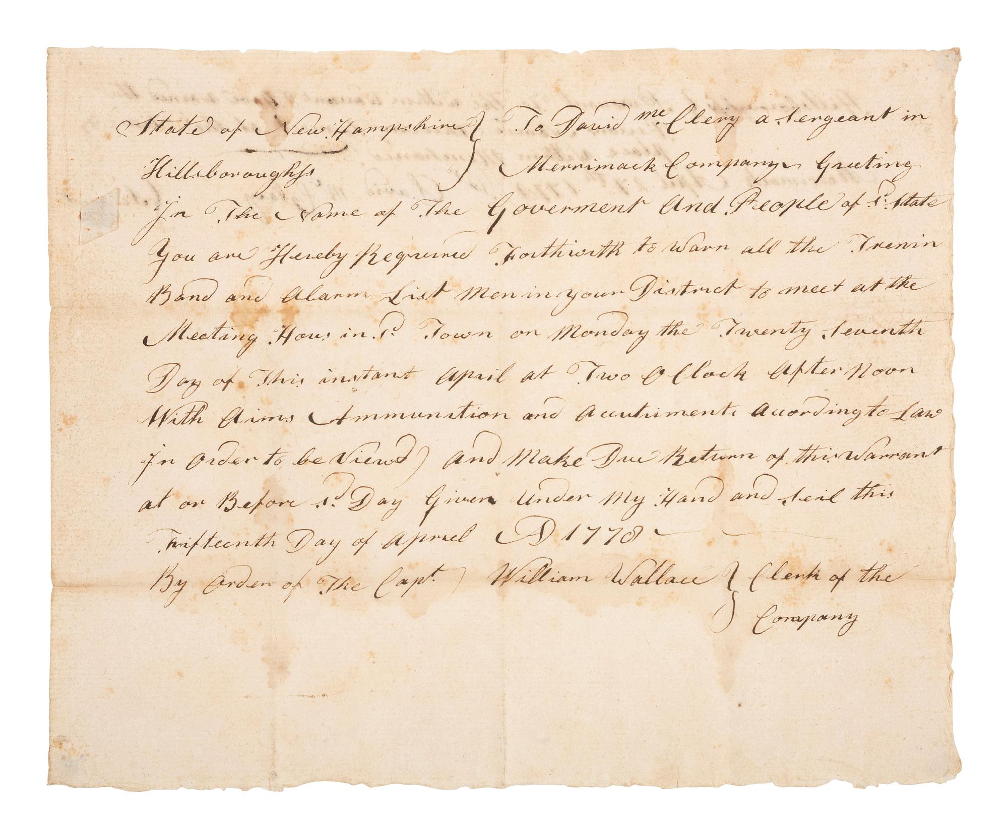 [REVOLUTIONARY WAR]. Warrant summoning soldiers. Hillsborough, New Hampshire, 15 April 1778.