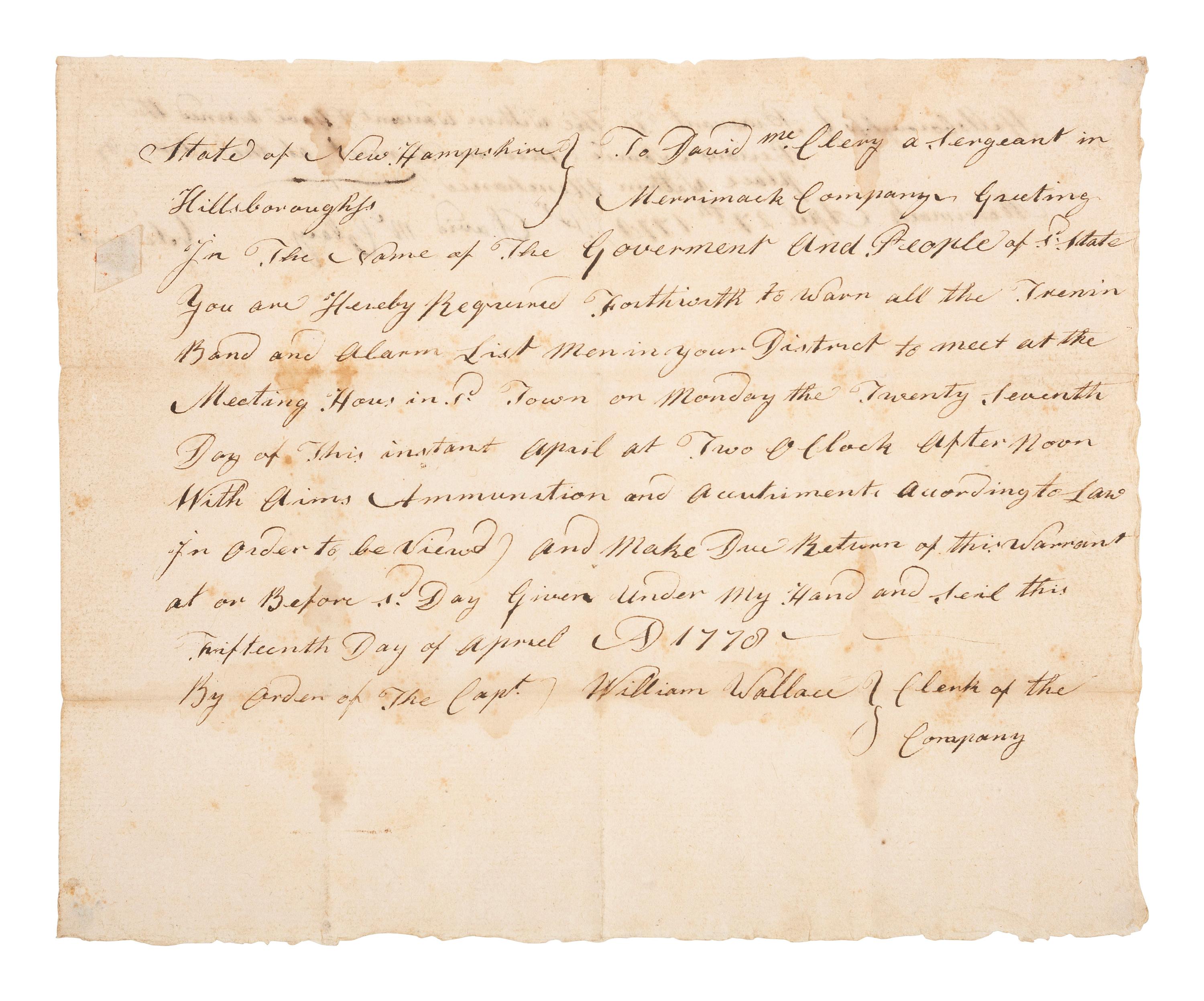 [REVOLUTIONARY WAR]. Warrant summoning soldiers. Hillsborough, New Hampshire, 15 April 1778.