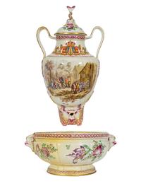 A Continental Polychrome Decorated Parcel Gilt Faience Corner Lavabo and Basin