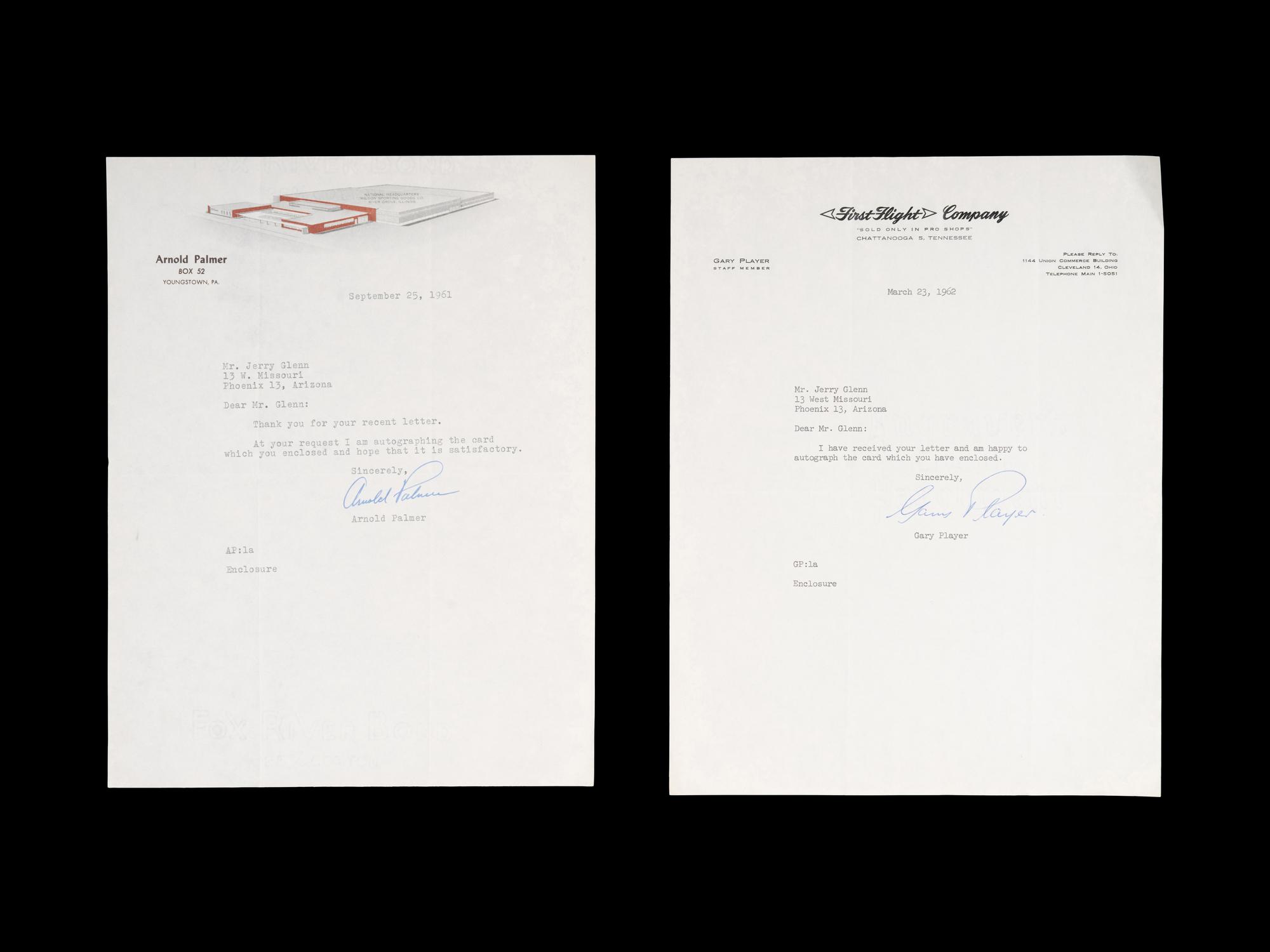A Group of Two 1960s Personally Signed Letters (TLS) from Arnold Palmer and Gary Player,