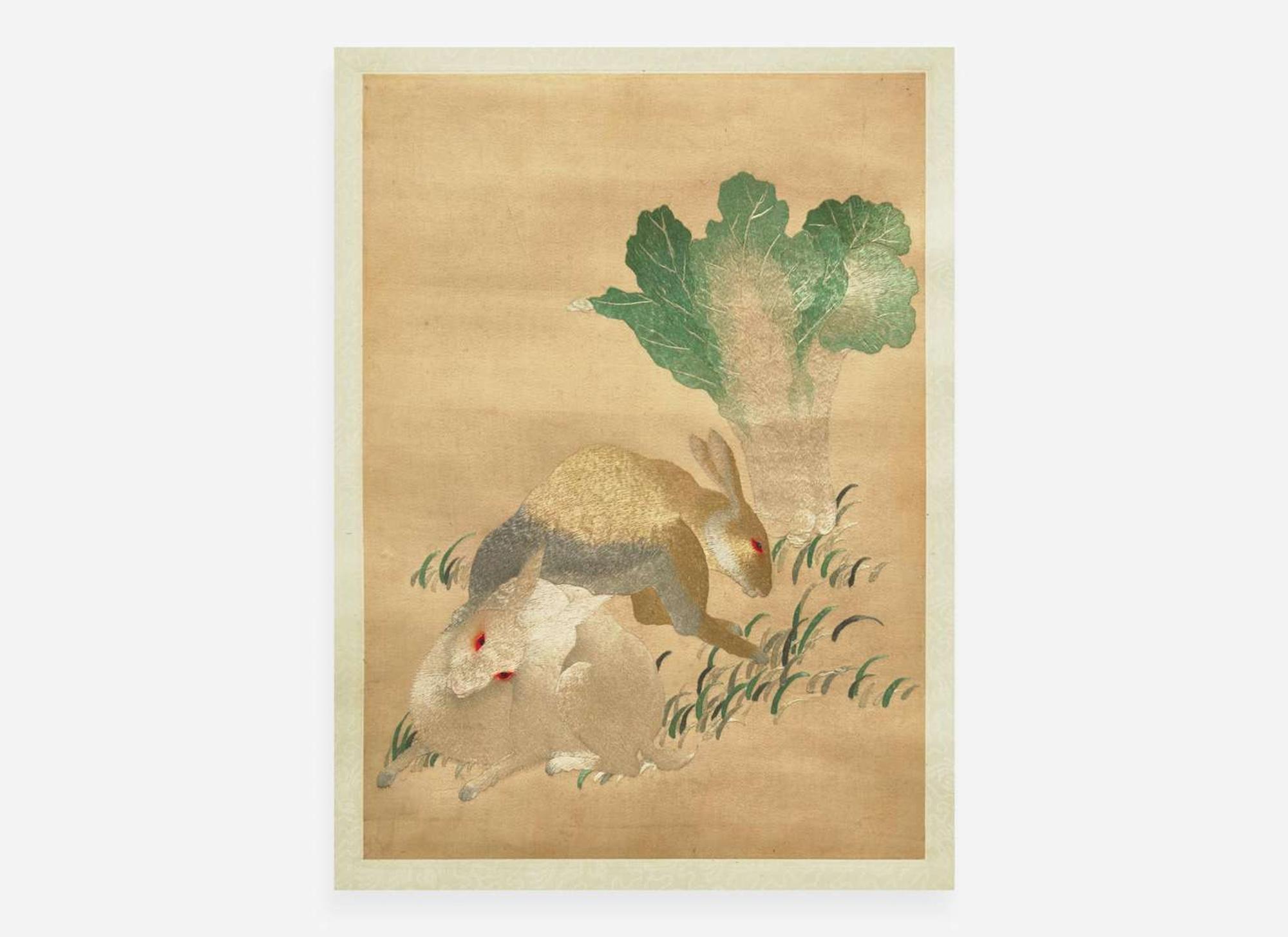 A Chinese embroidery depicting two rabbits and cabbage 刺繡小兔與白菜