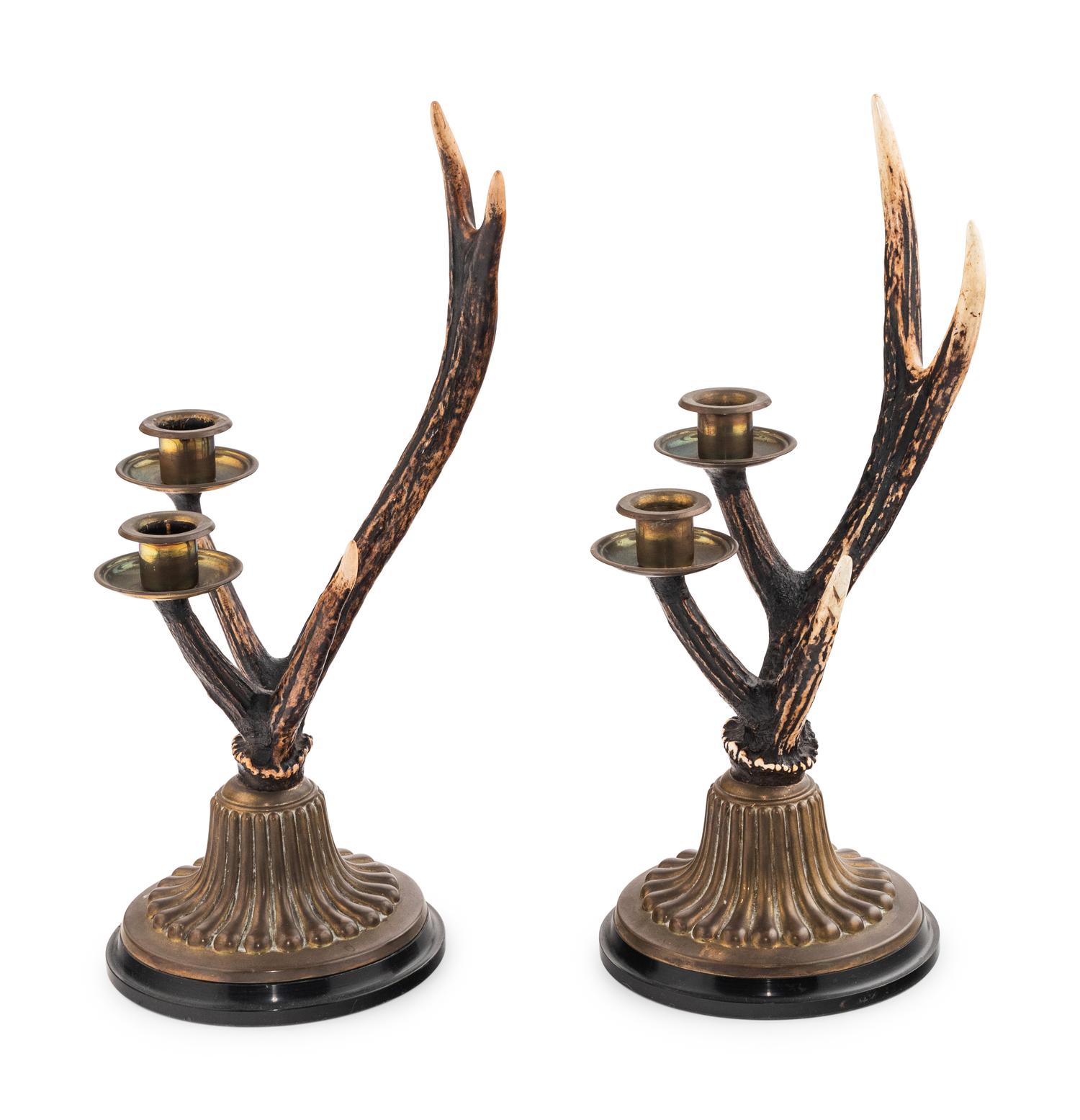 A Pair of German Antler-Mounted Two-Light Candelabra