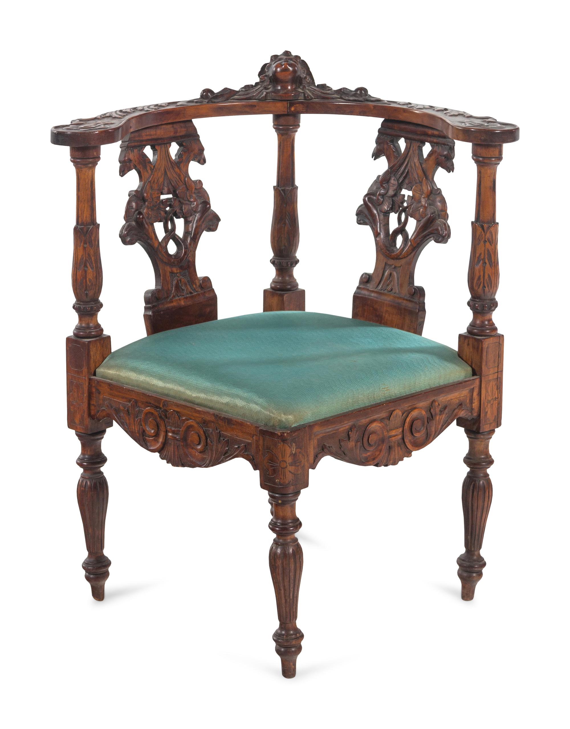 An English Carved Walnut Corner Chair
