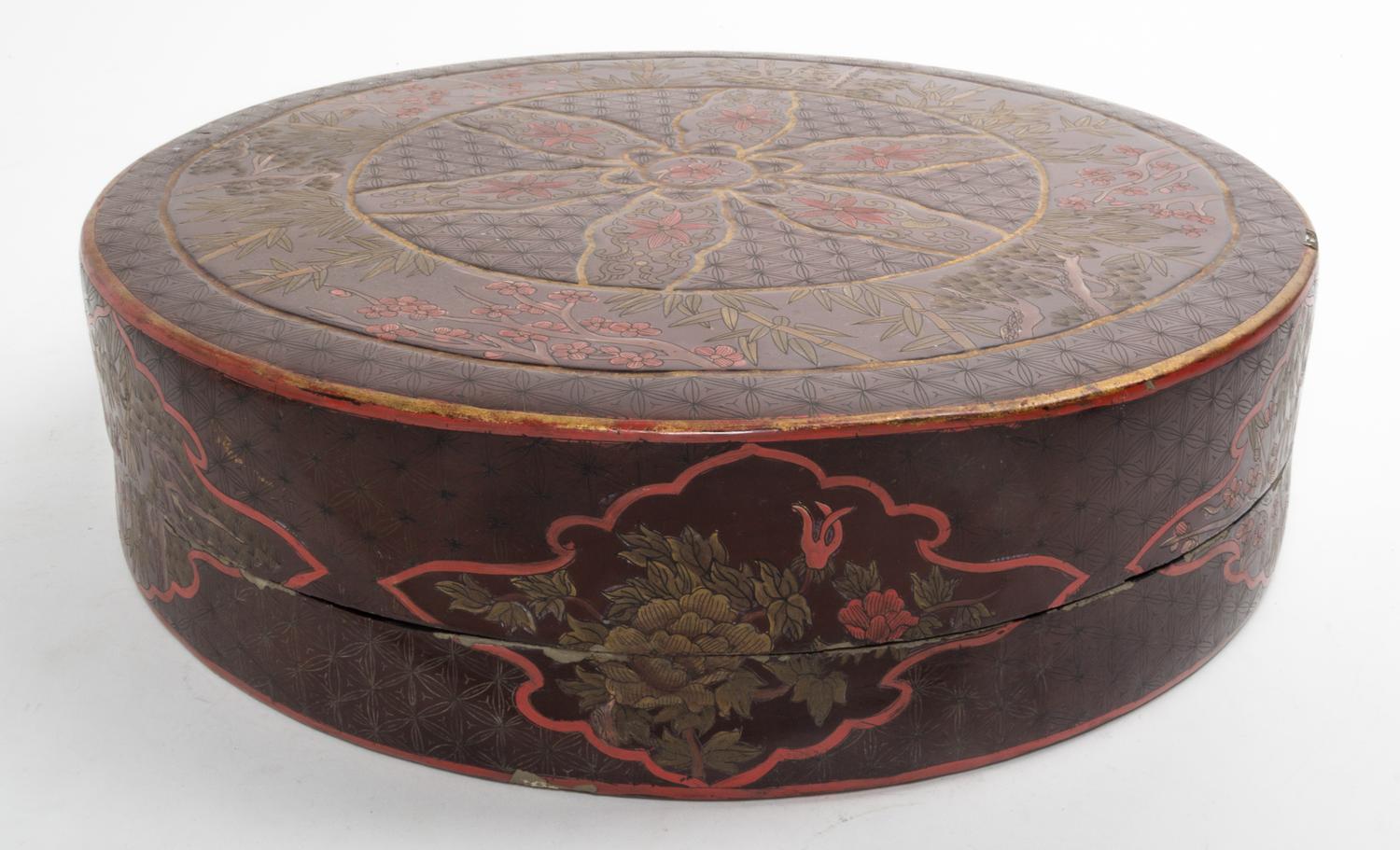 A Lacquered Circular Box and Cover. Diameter 16 inches.
