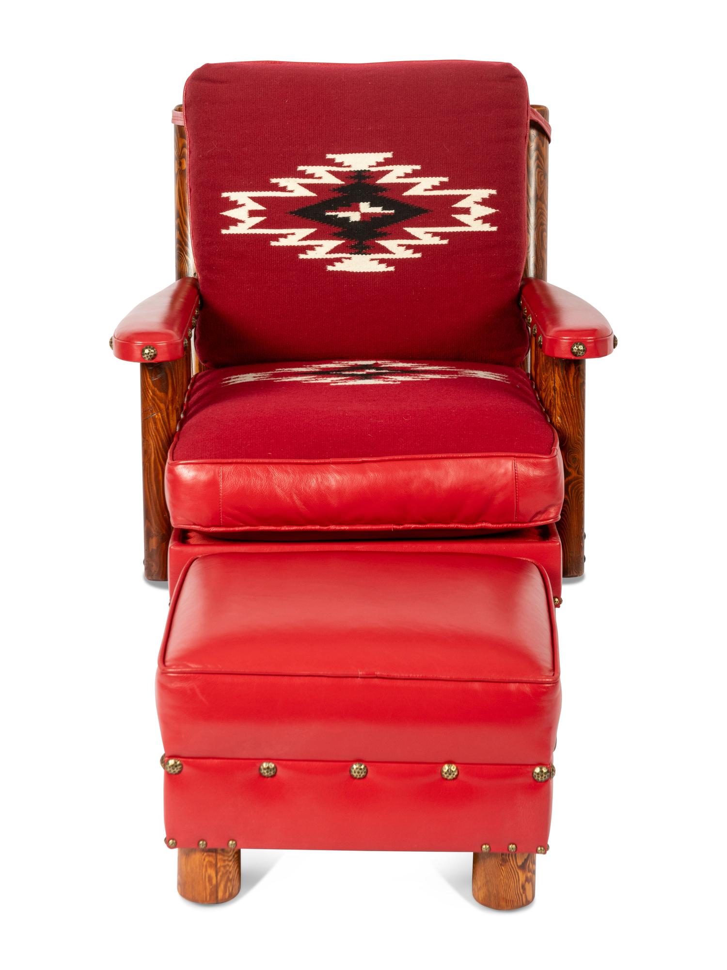 Spindle Sided Armchair with leather and Chimayo Weavings with matching ottoman