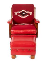 Spindle Sided Armchair with leather and Chimayo Weavings with matching ottoman