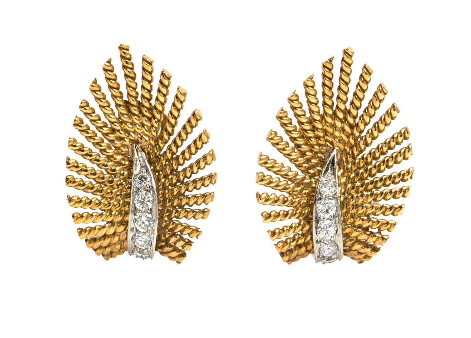 A Pair of 18 Karat Yellow Gold, Platinum, and Diamond Earclips, Marchak, 6.60 dwts.