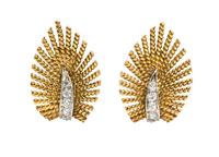 A Pair of 18 Karat Yellow Gold, Platinum, and Diamond Earclips, Marchak, 6.60 dwts.