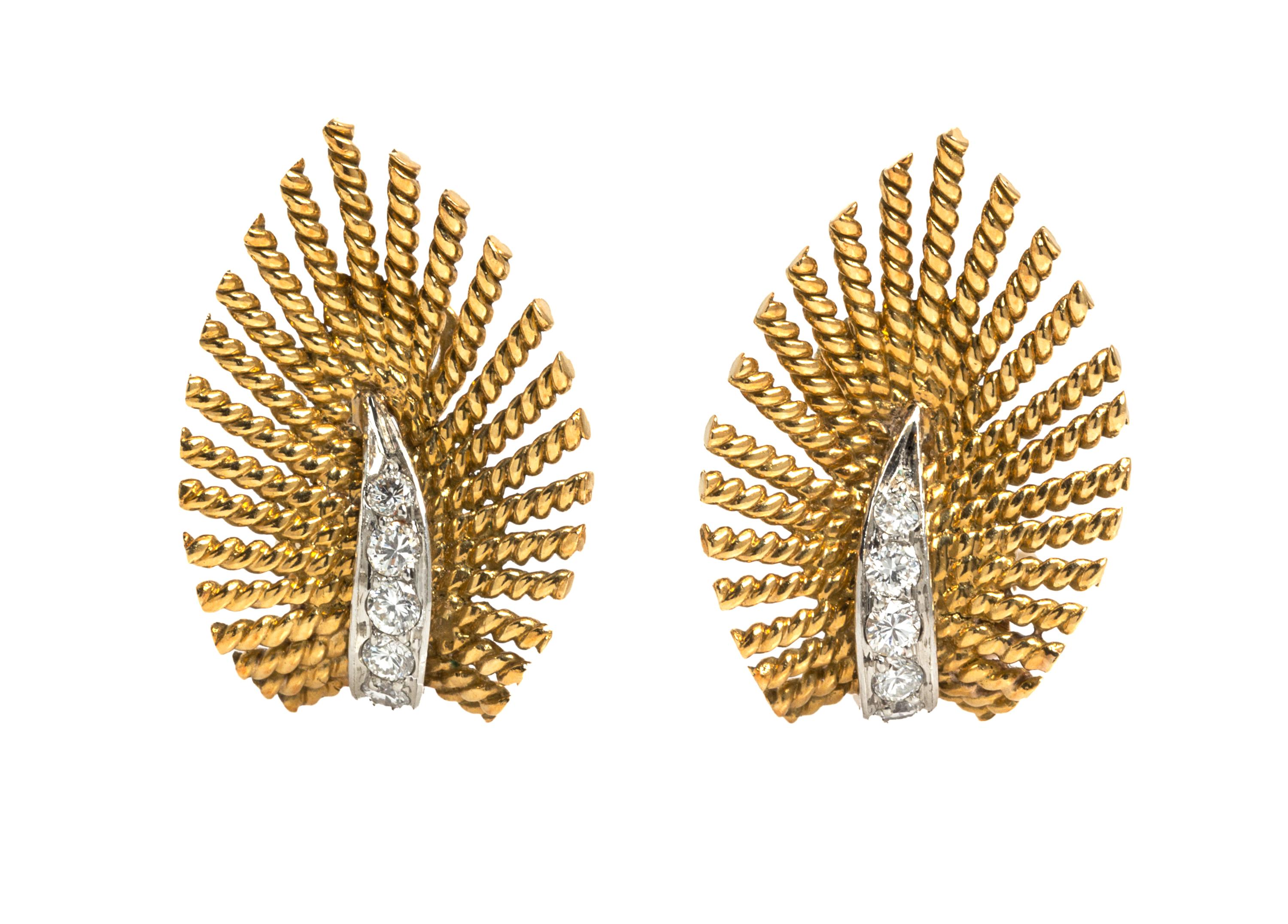 A Pair of 18 Karat Yellow Gold, Platinum, and Diamond Earclips, Marchak, 6.60 dwts.