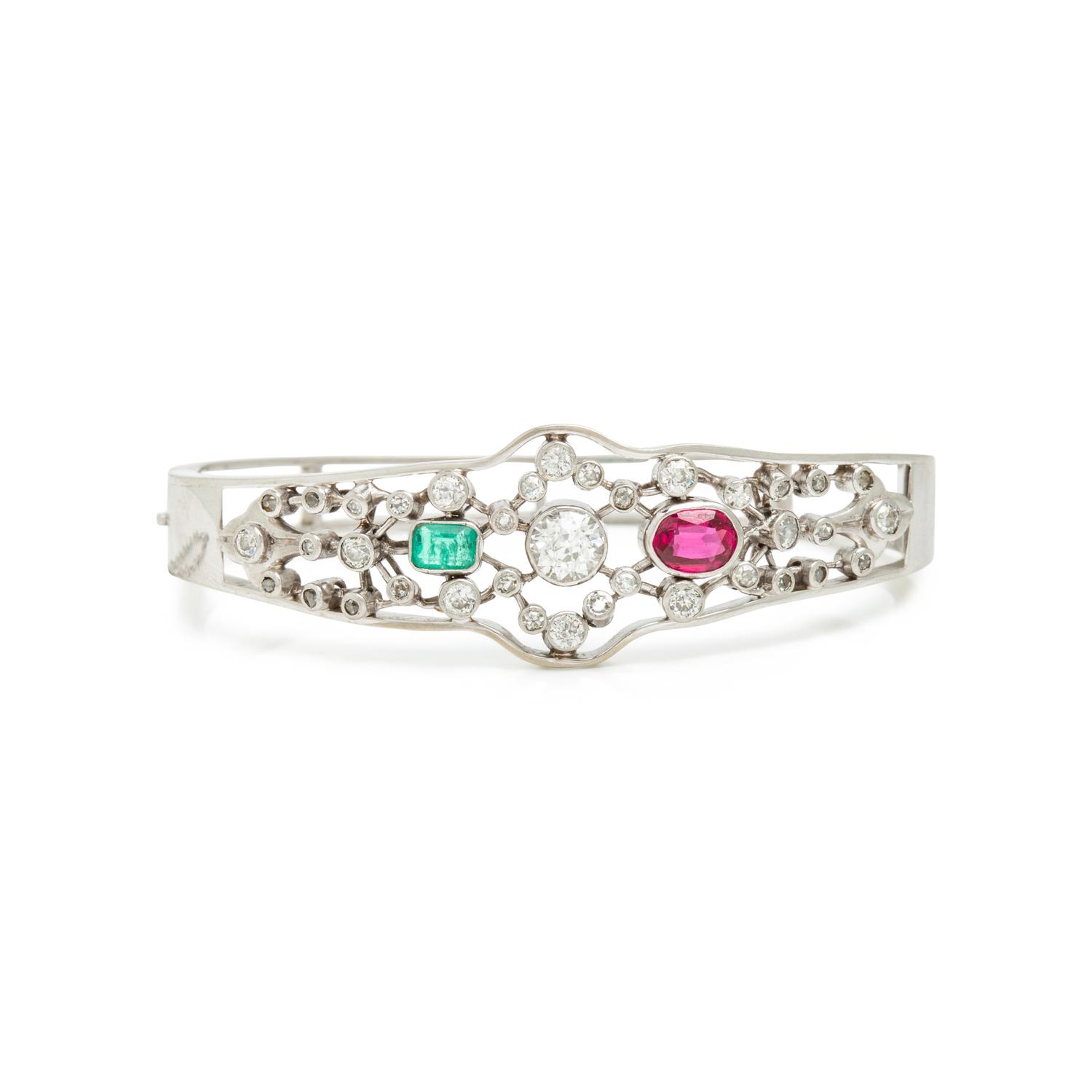 Diamond, White Gold, and Multigem Bangle Bracelet