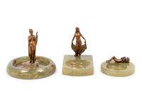 Three Art Deco Onyx and Bronze Figural Vide Poches