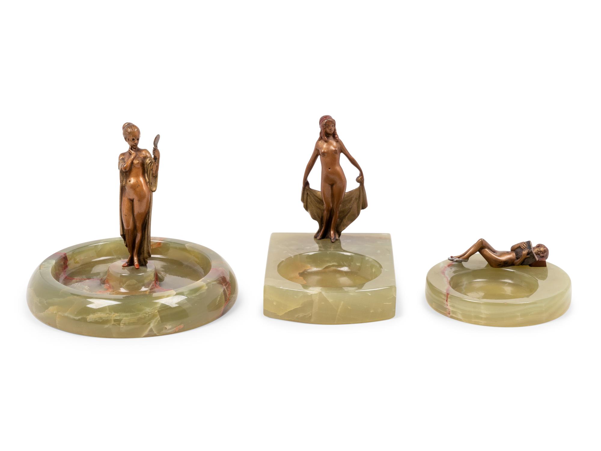 Three Art Deco Onyx and Bronze Figural Vide Poches