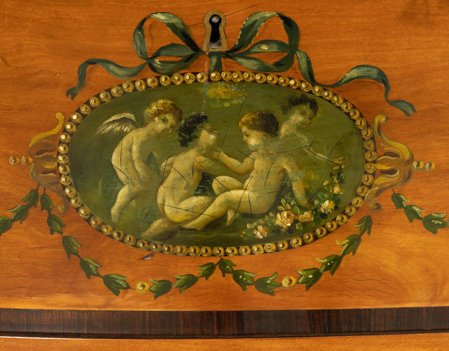 A Pair of Edwardian Paint-Decorated Satinwood Five-Drawer Chests