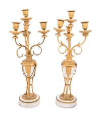 A Pair of French Gilt Bronze and Marble Four-Light Candelabra