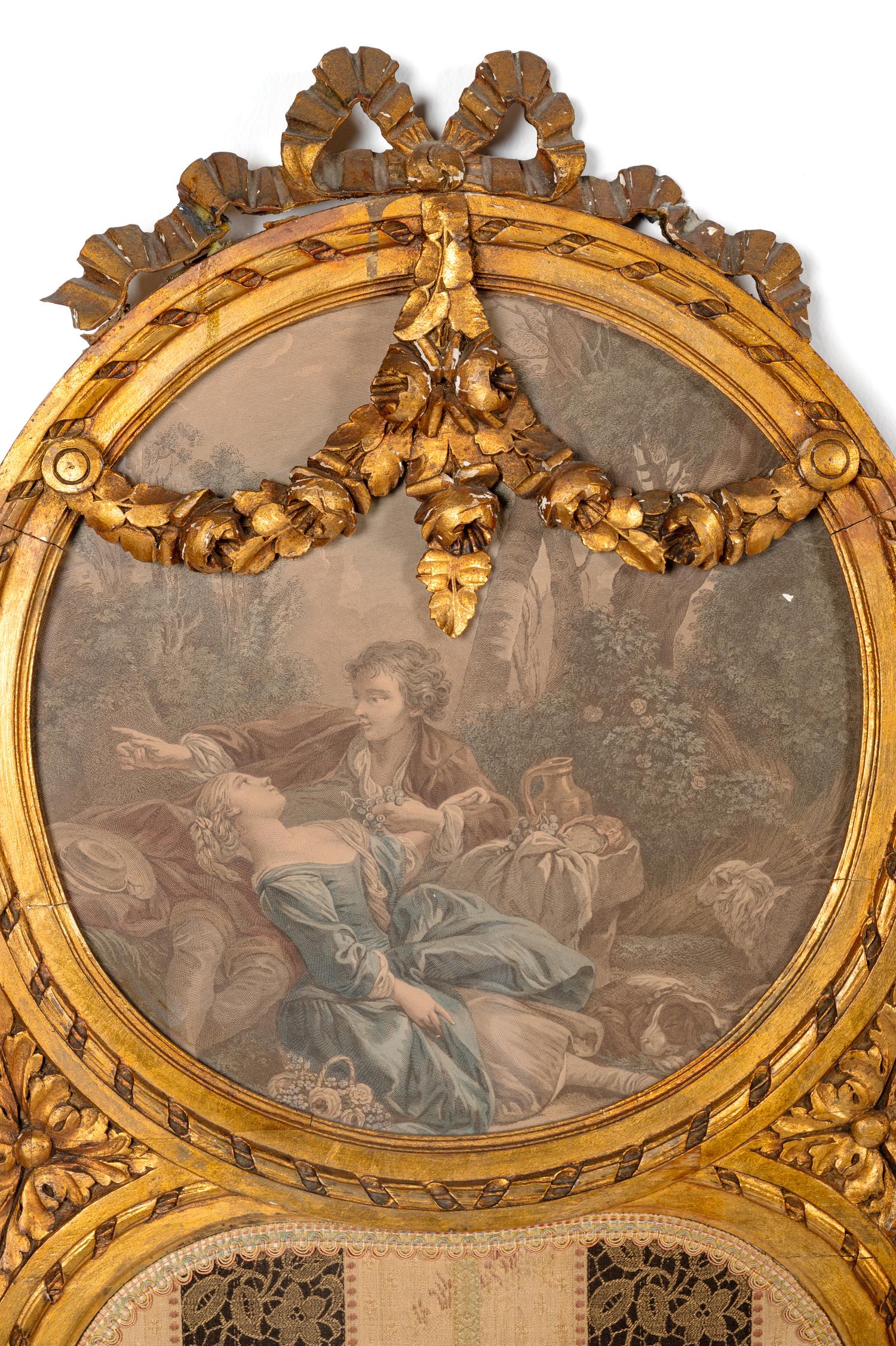 A Louis XVI Style Giltwood Three-Panel Floor Screen