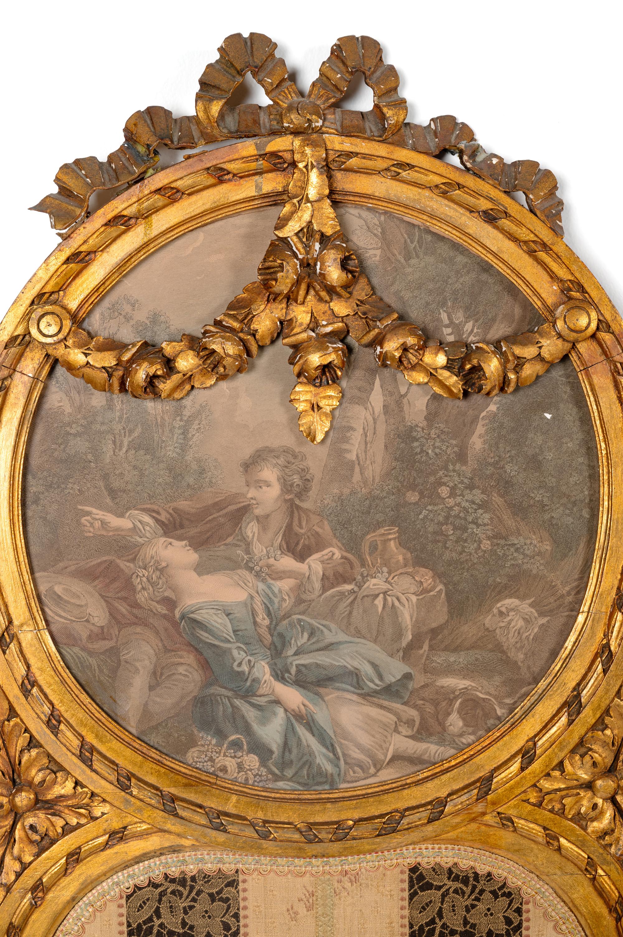 A Louis XVI Style Giltwood Three-Panel Floor Screen