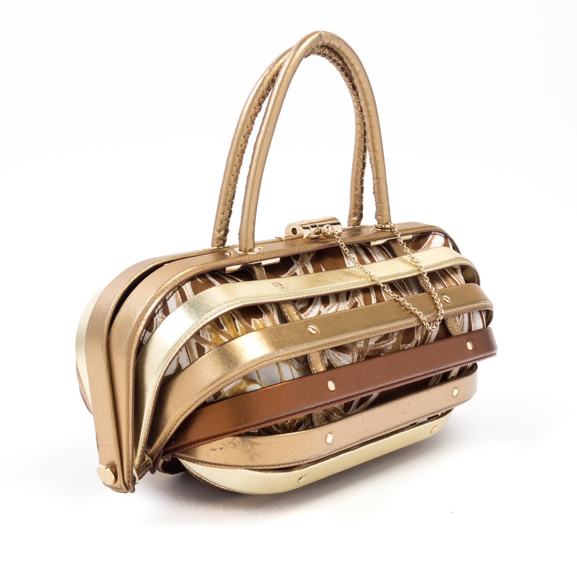 Salvatore Ferragamo Gold and Bronze Leather "Cage" Handbag, 1990-2000s 12" x 6" x 5"; Handle drop: 4"