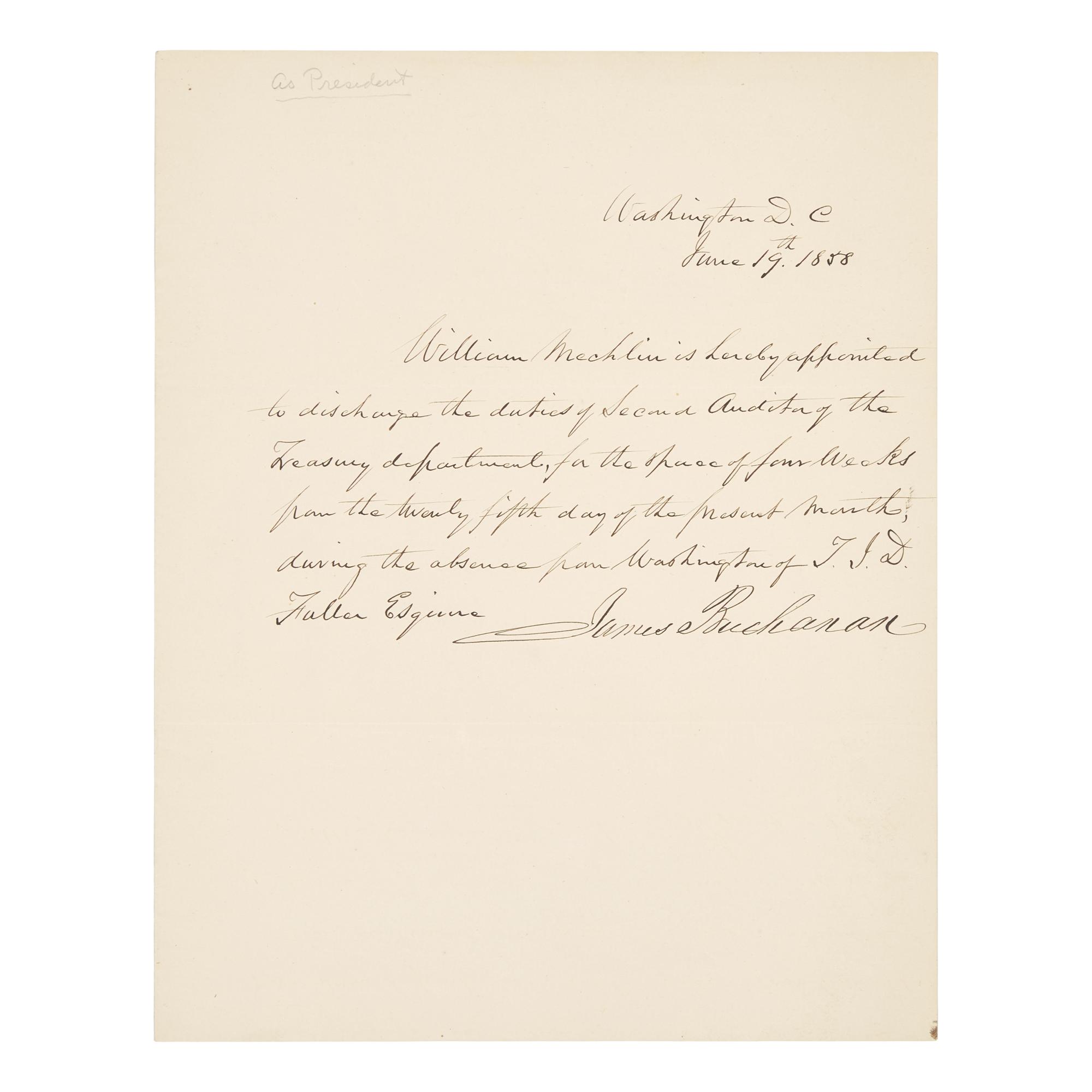 [Presidential] Buchanan, James. Manuscript document, signed