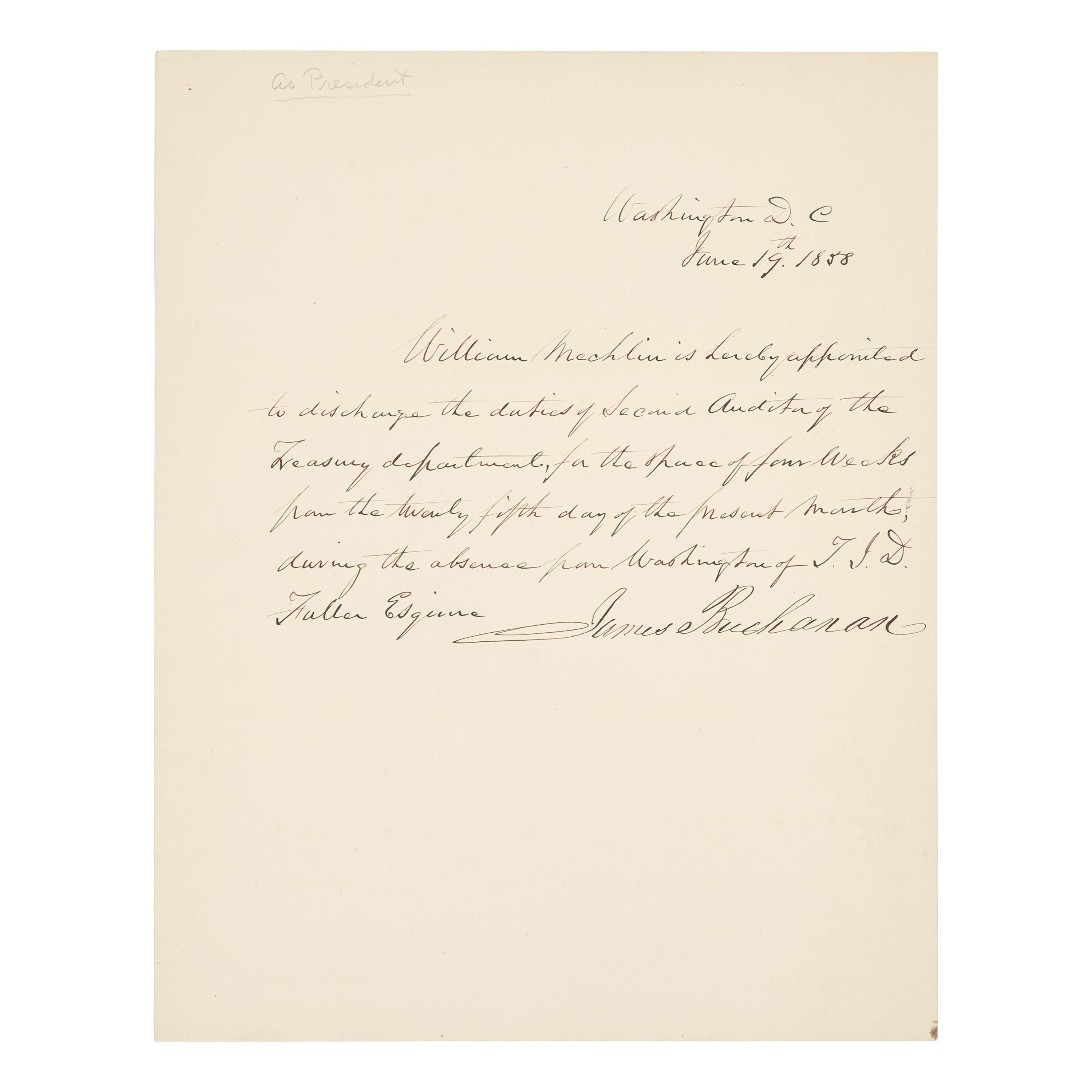 [Presidential] Buchanan, James. Manuscript document, signed