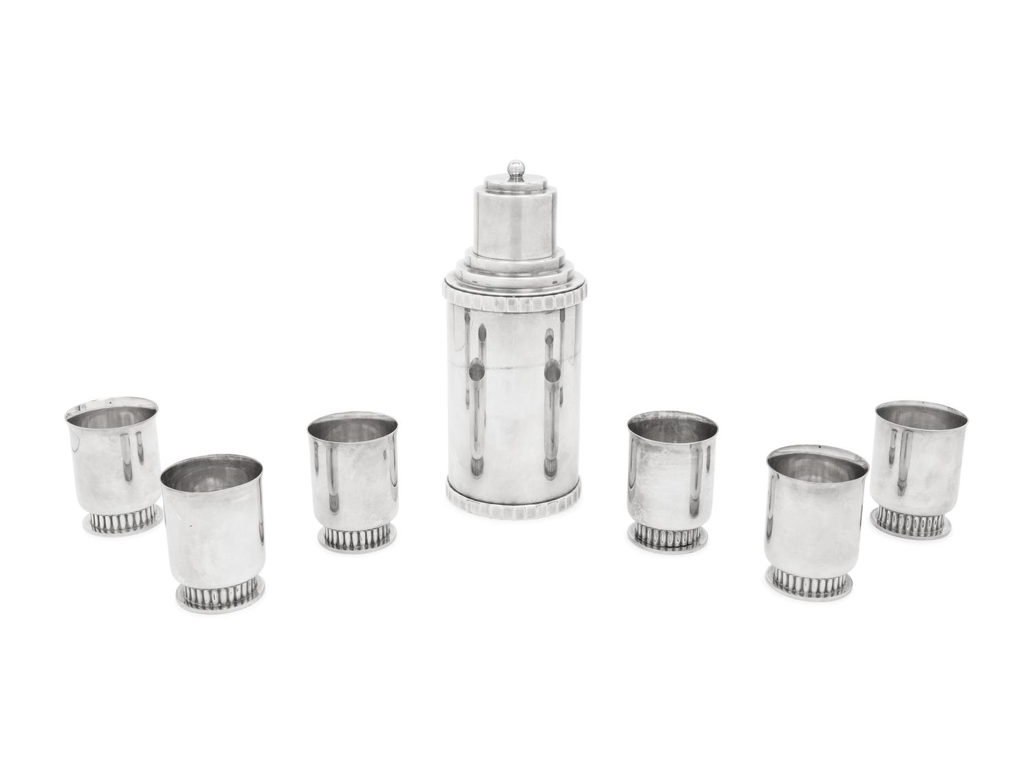 An American Silver-Plate Cocktail Shaker and Six Cocktail Cups