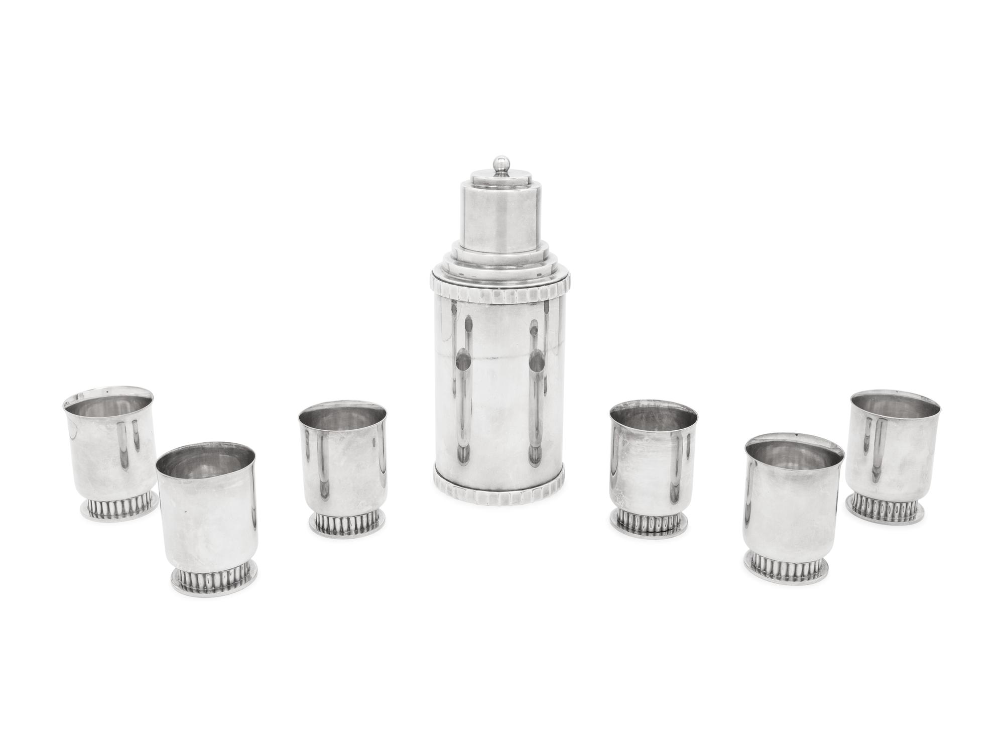 An American Silver-Plate Cocktail Shaker and Six Cocktail Cups