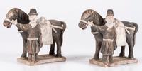 A Pair of Chinese Terracotta Horses with Standing Attendants