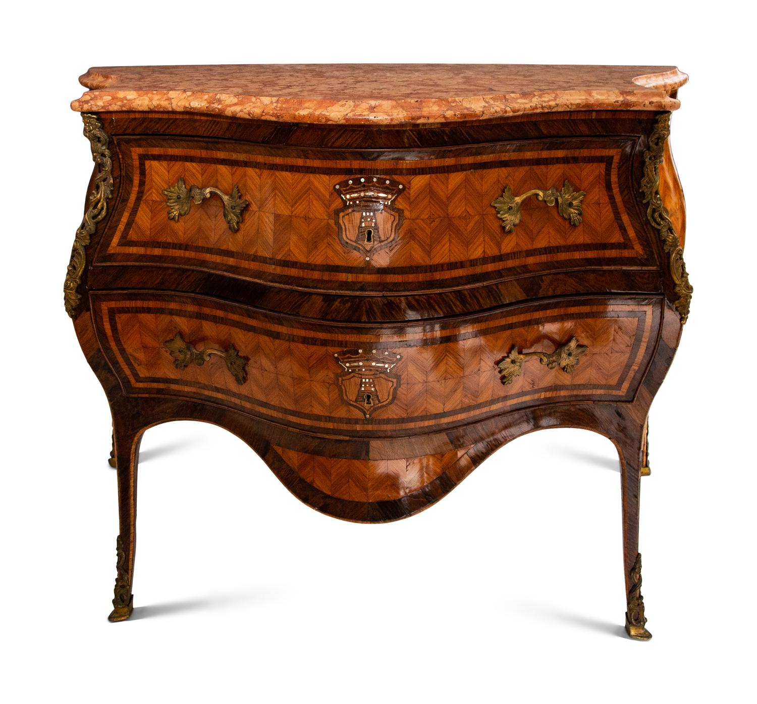 A North Italian Parquetry Rouge Marble-Top Bombé Commode with Armorial Decoration