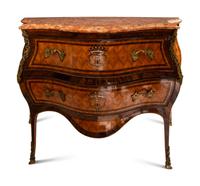 A North Italian Parquetry Rouge Marble-Top Bombé Commode with Armorial Decoration