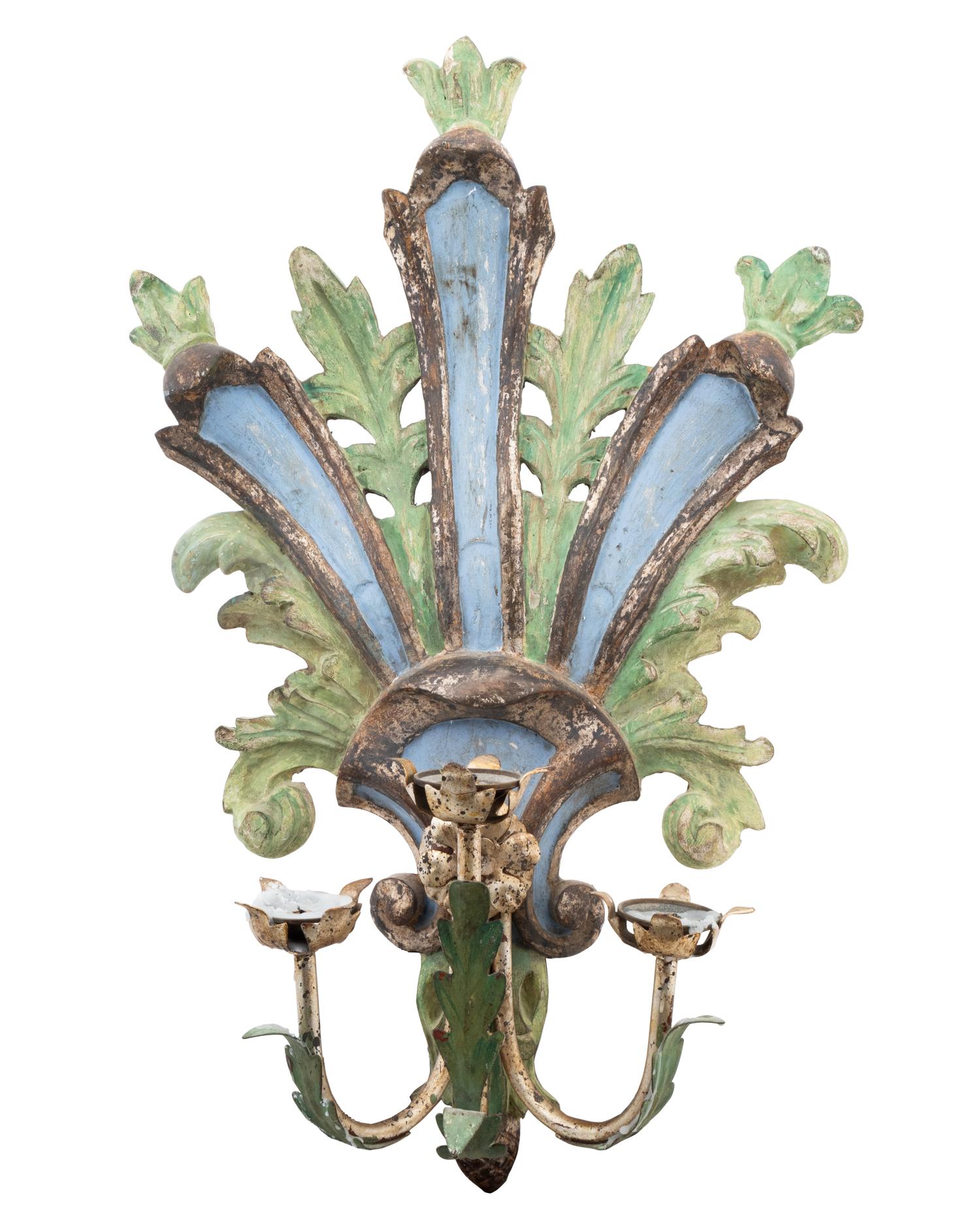 An Italian Painted Wood and Tole Three-Light Candle Sconce