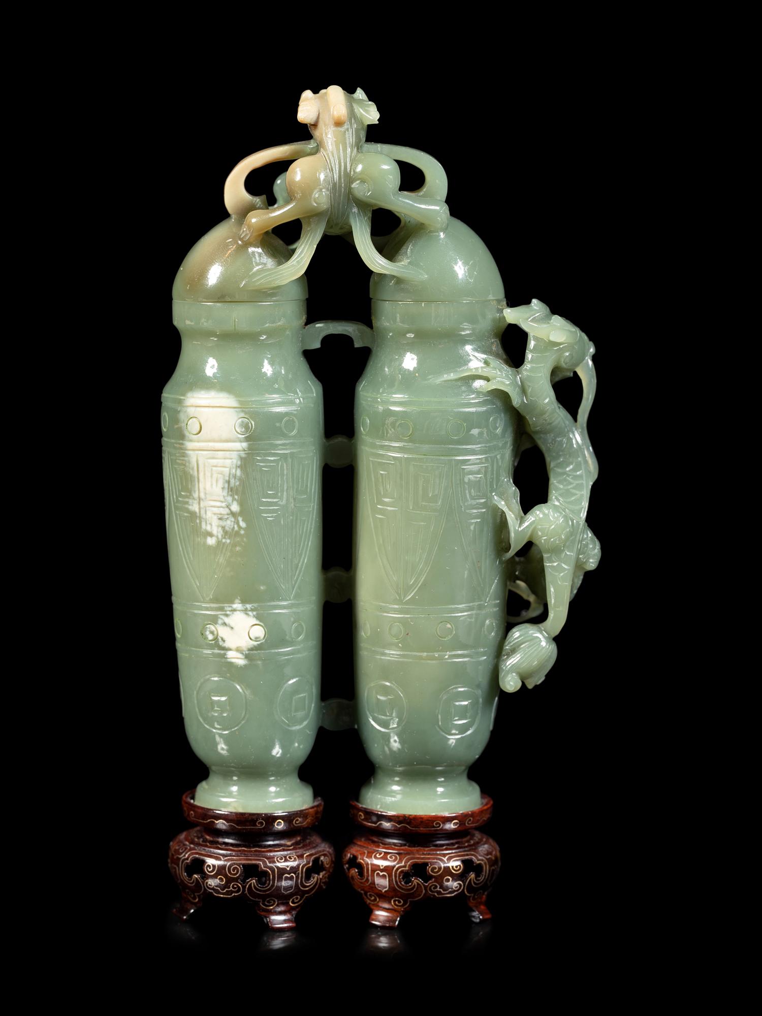 A Carved Serpentine Double Vase and Cover