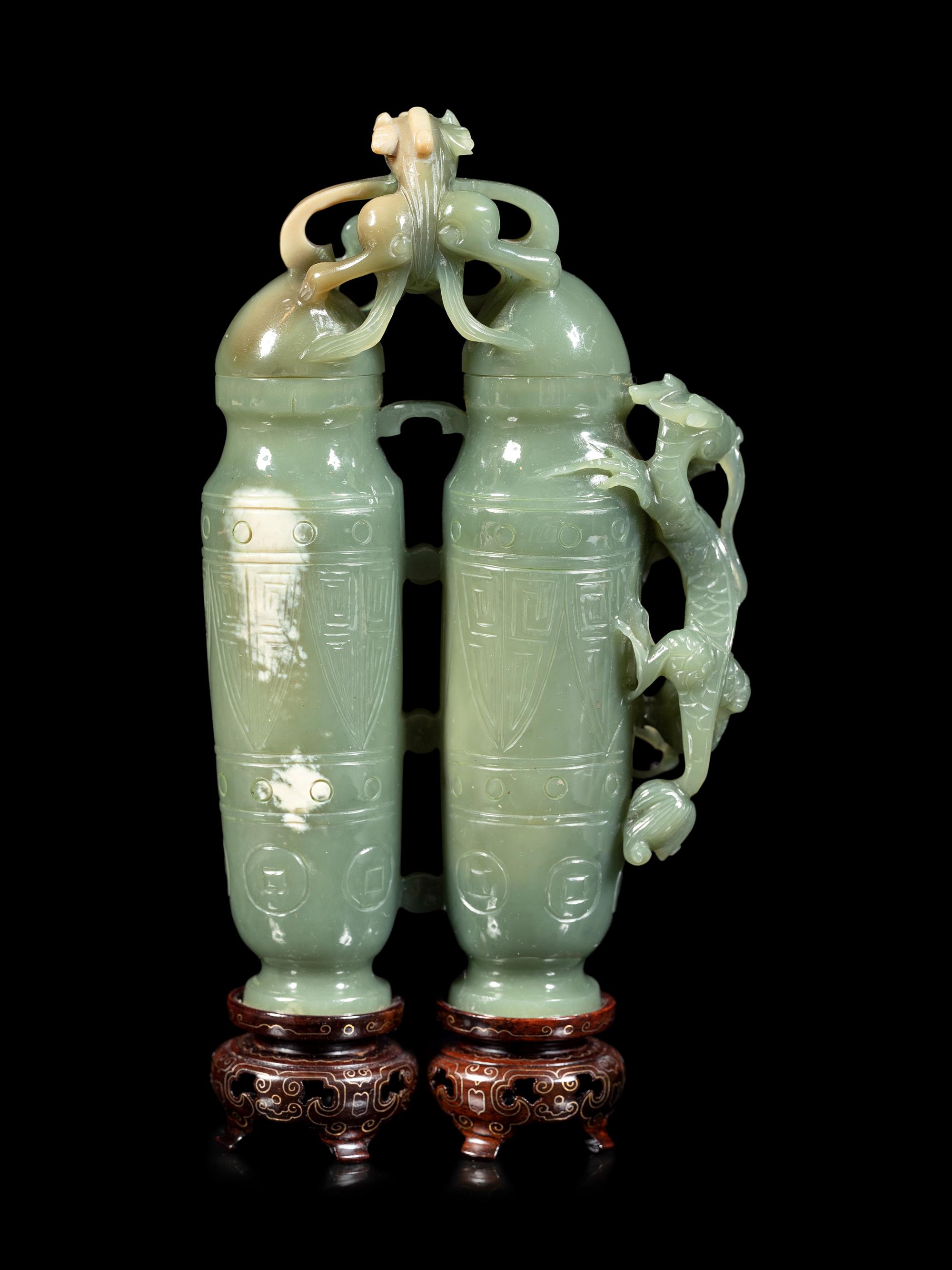 A Carved Serpentine Double Vase and Cover
