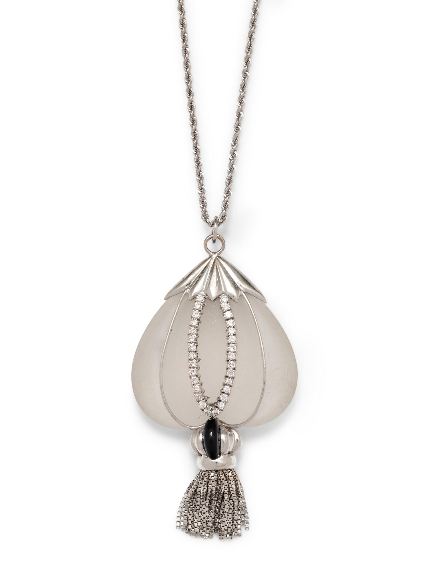 ROCK CRYSTAL, DIAMOND AND ONYX PENDANT/NECKLACE
