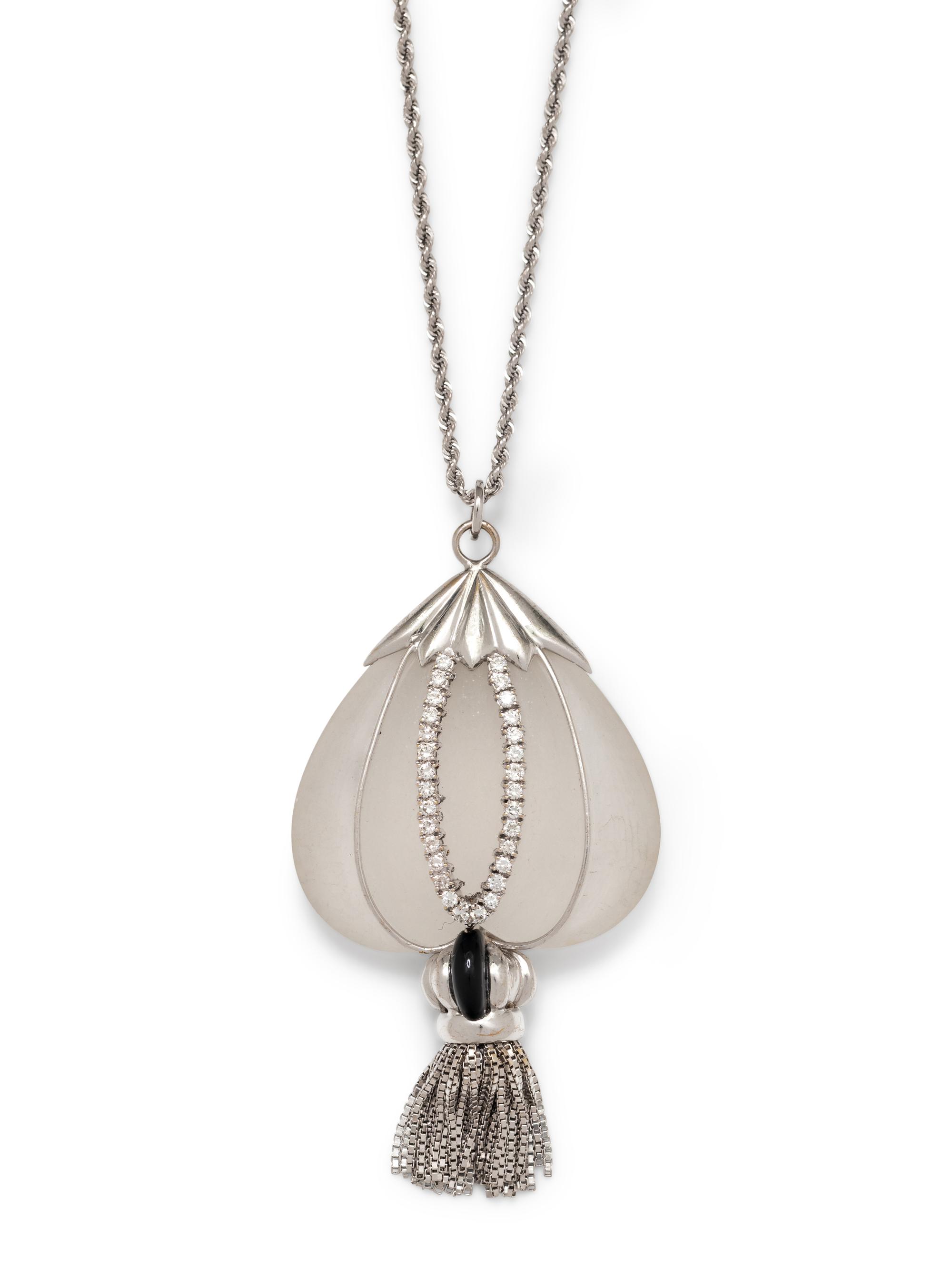 ROCK CRYSTAL, DIAMOND AND ONYX PENDANT/NECKLACE