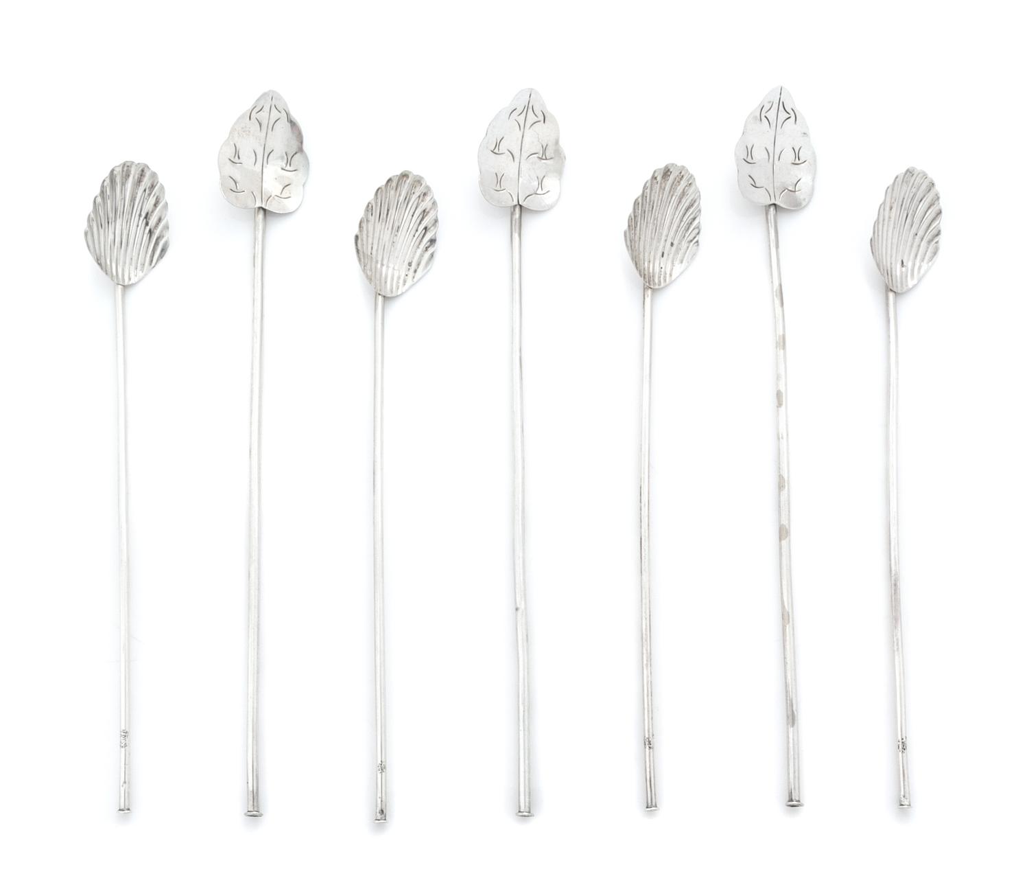 Twenty-Four Mexican Silver Iced Tea Spoons, 20th Century, comprising a set of 12 with scallop-form bowls and another set of 12 with fol