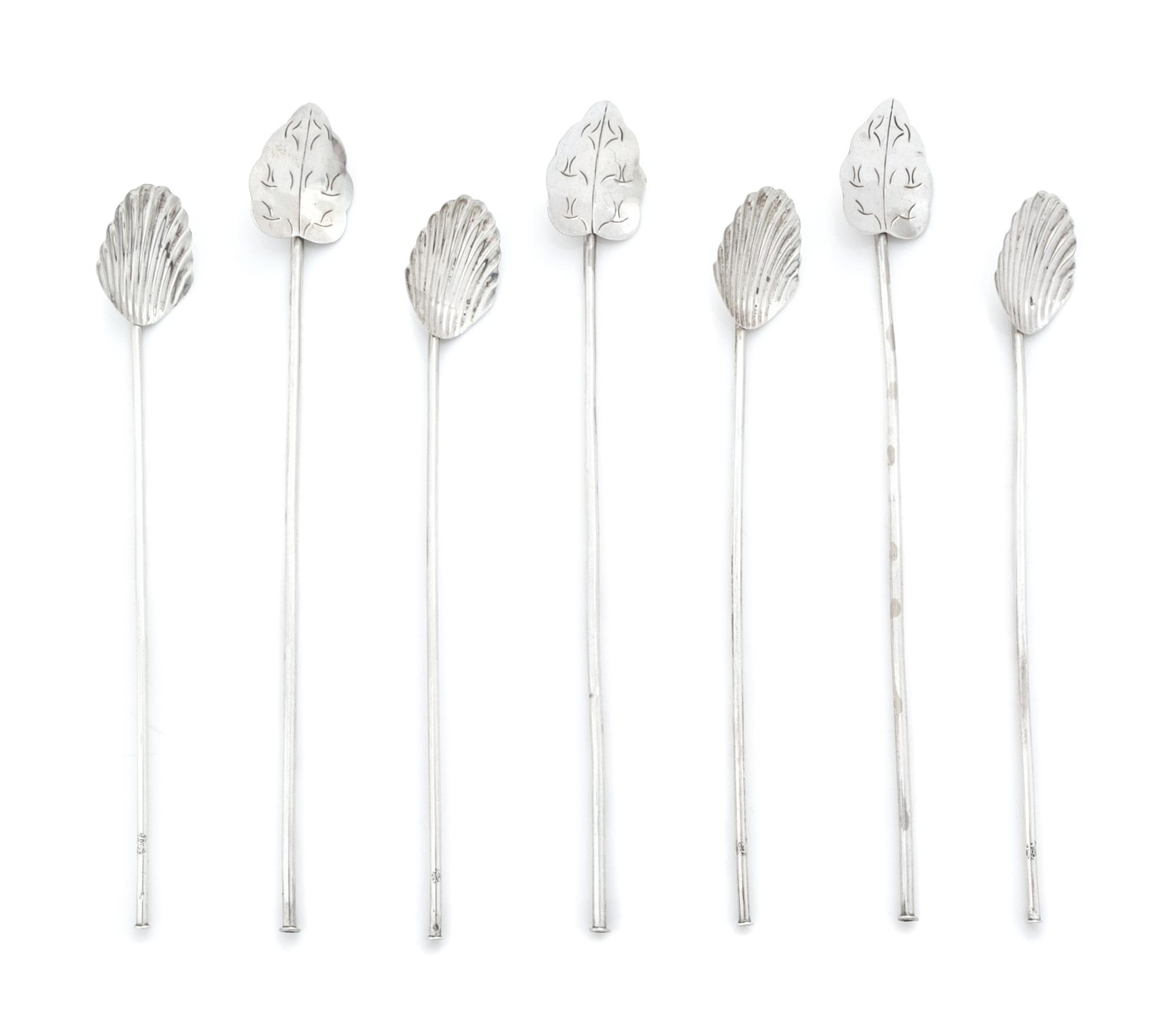 Twenty-Four Mexican Silver Iced Tea Spoons, 20th Century, comprising a set of 12 with scallop-form bowls and another set of 12 with fol
