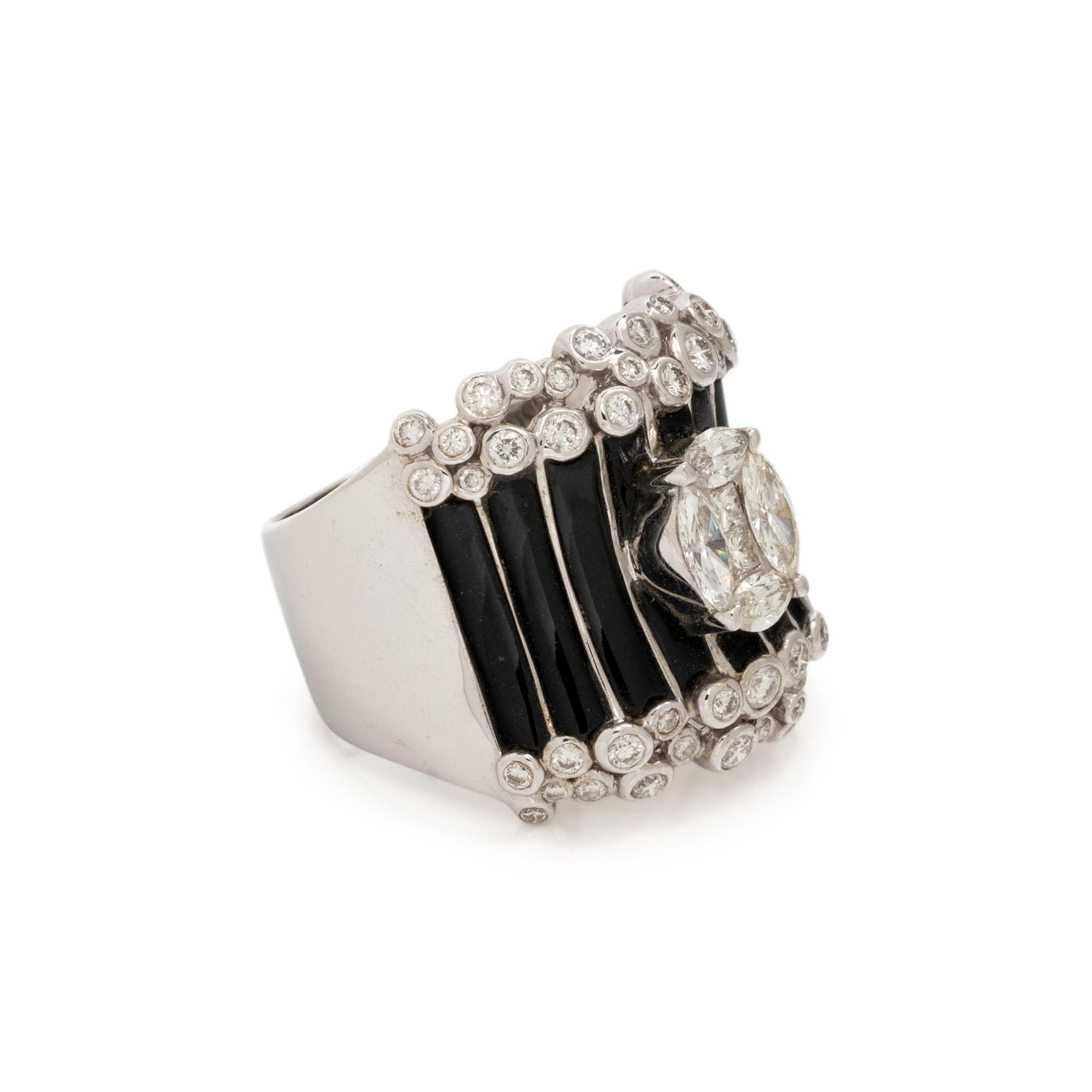 WHITE GOLD, DIAMOND AND BLACK ENAMEL RING