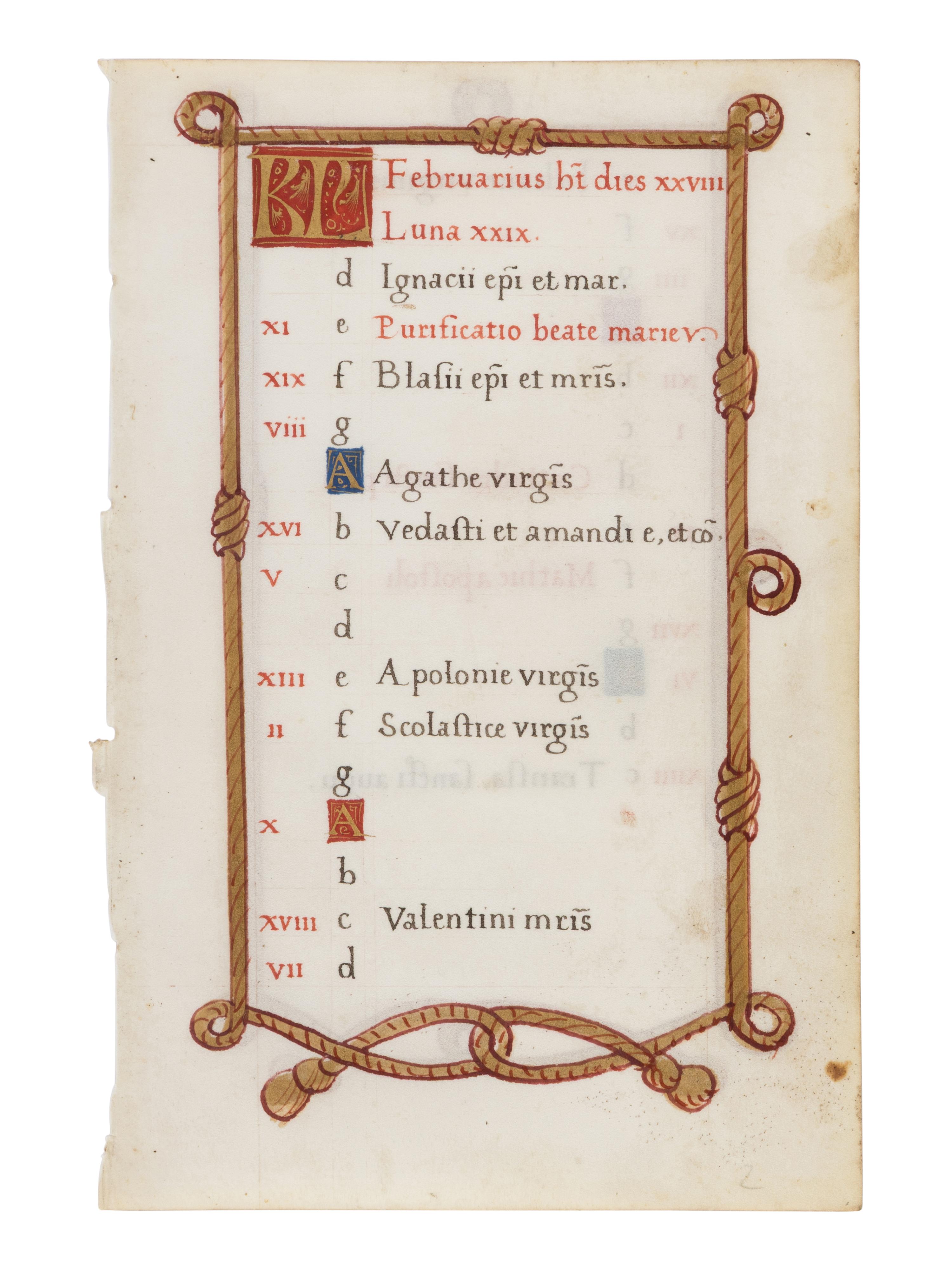 FOLLOWER OF JEAN PICHORE (active Paris, c. 1490-1521) Calendar leaf for February from a Book of Hours, Use of Chartres, in Latin, illuminated manuscript on parchment [France, Paris, c. 1520]