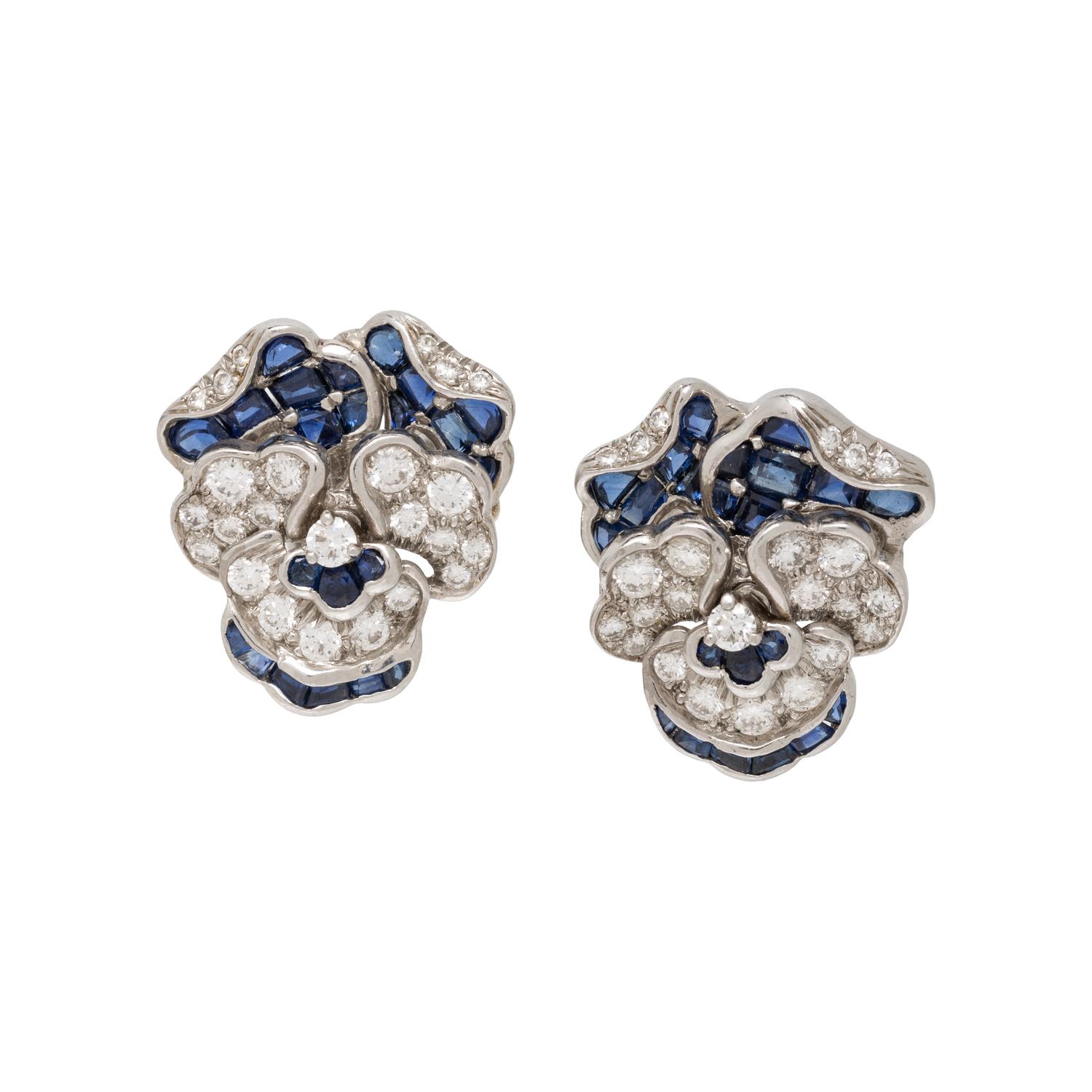 TIFFANY & CO., SAPPHIRE AND DIAMOND PANSY CLIP EARRINGS
