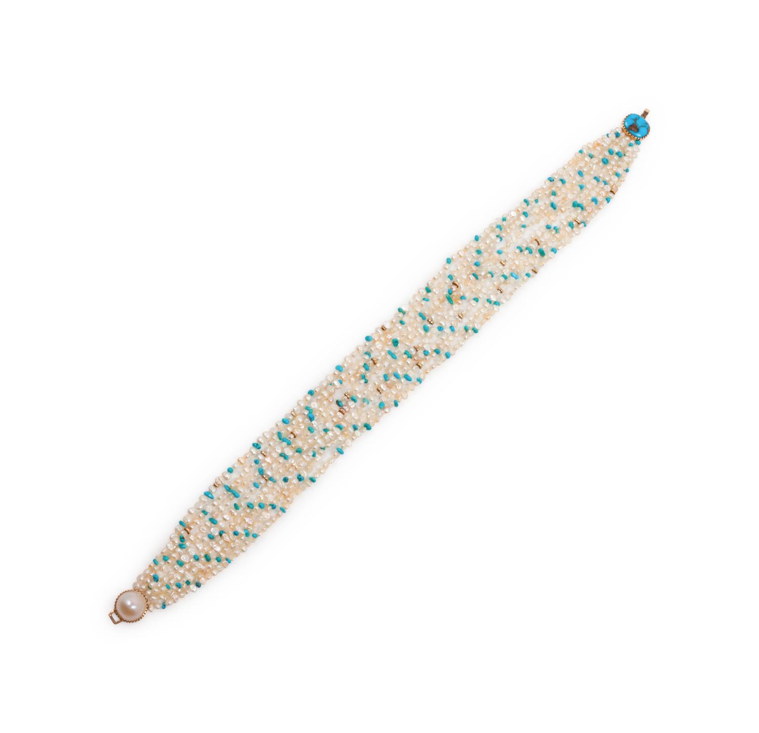 14k Gold, Pearl, and Turquoise Multi-Strand Necklace
