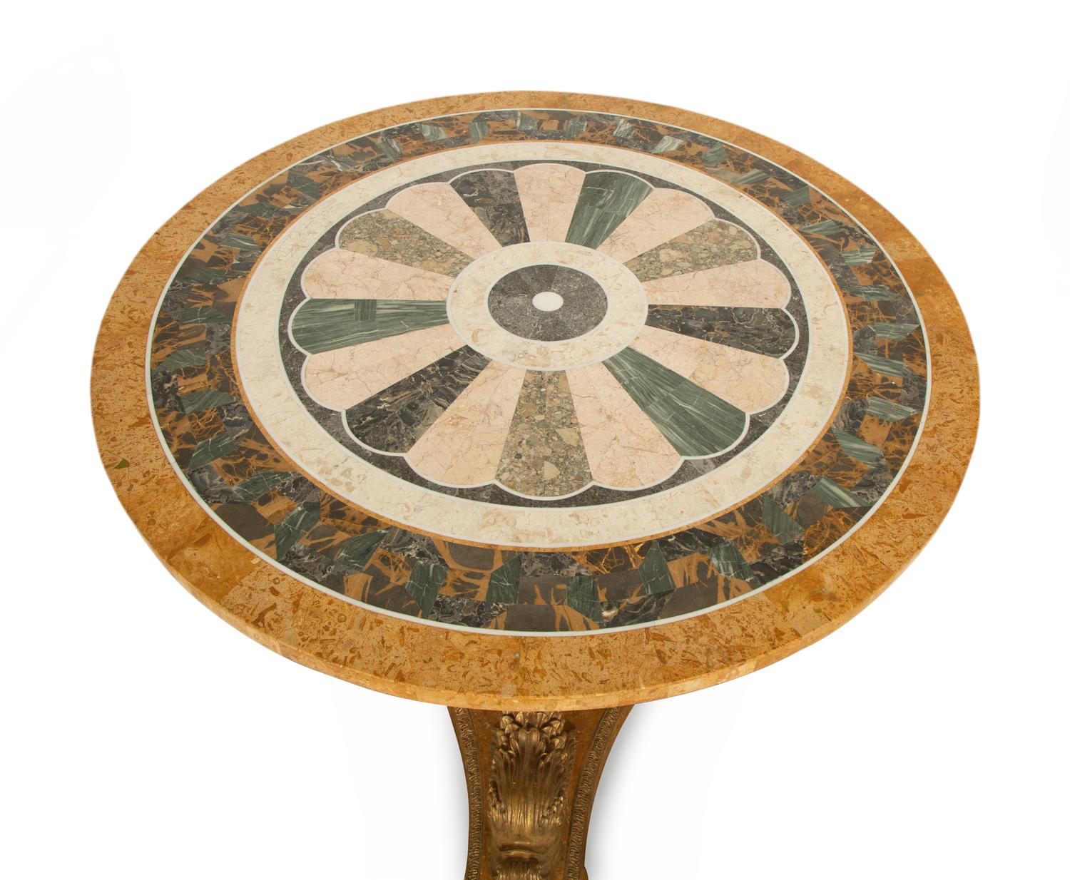 An Italian Design Pietra Dura Center Table with Carved Giltwood Dolphin Base