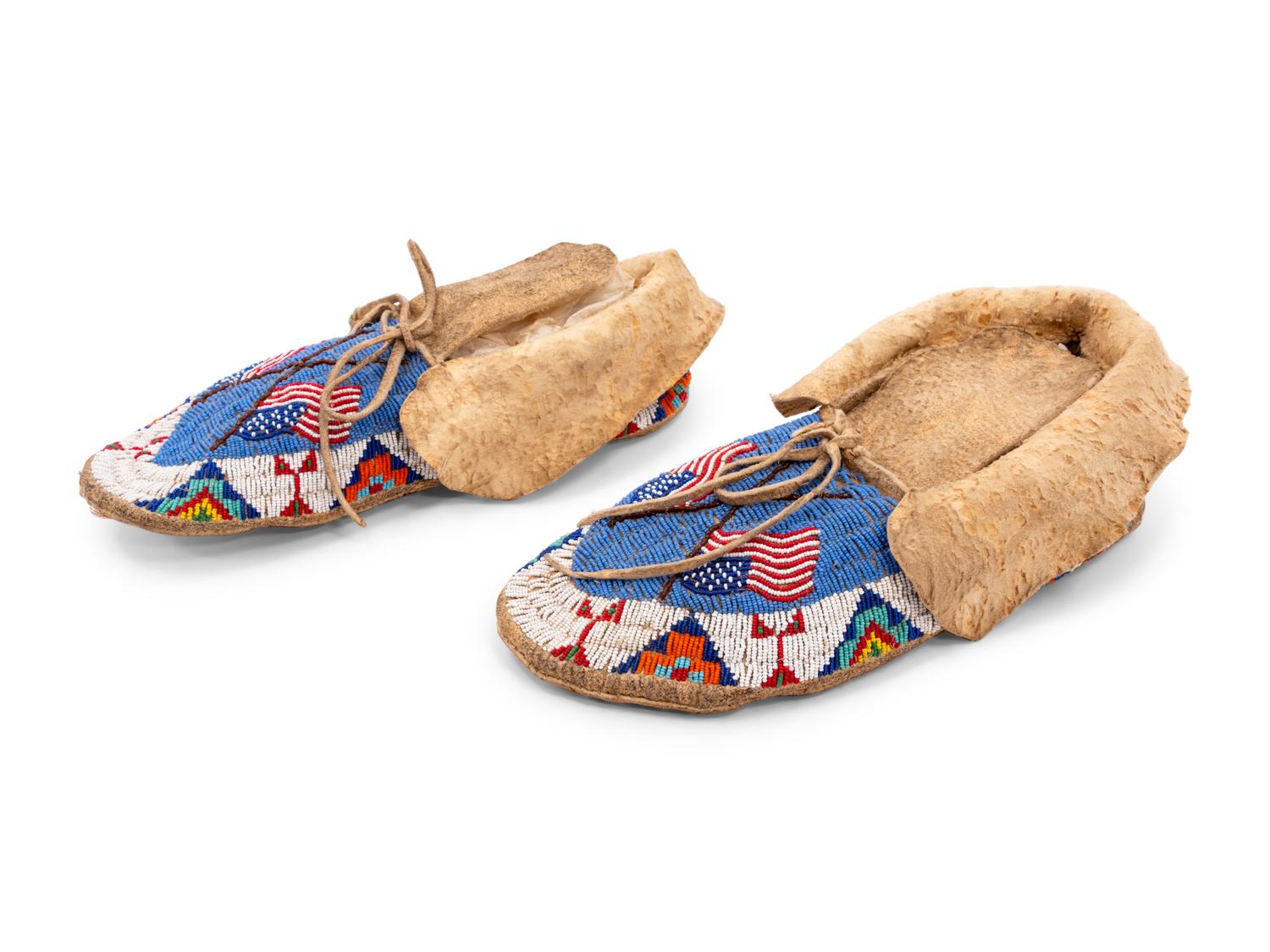 Sioux Beaded Hide Moccasins, with American Flag