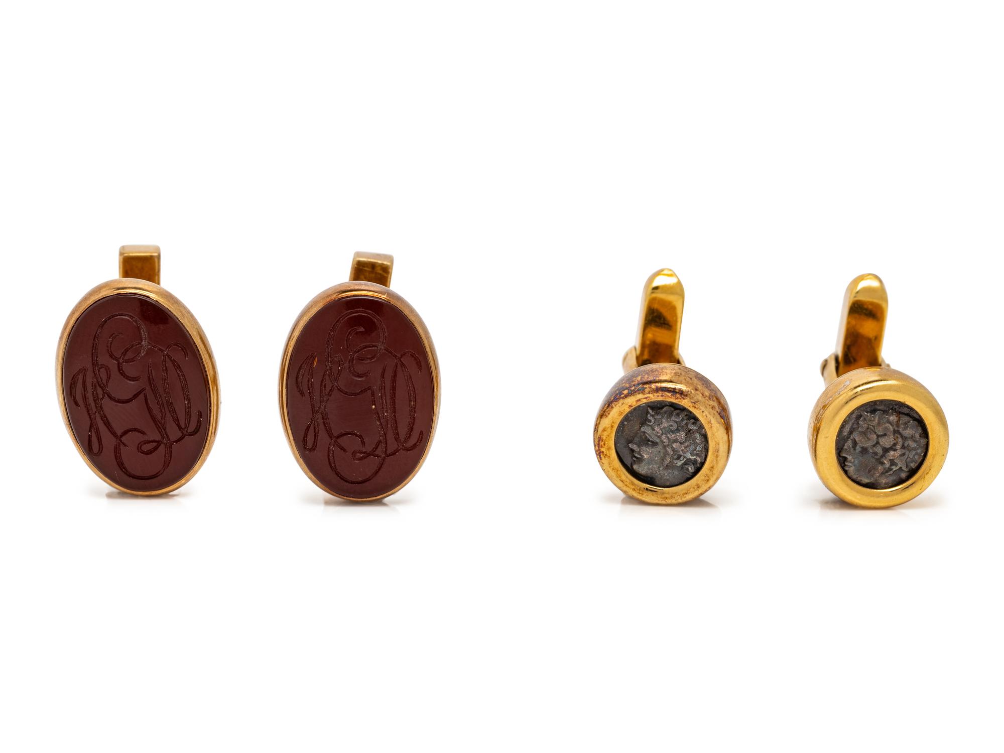 BULGARI, 'MONETE' YELLOW GOLD AND COIN CUFFLINKS, TOGETHER WITH TIFFANY & CO., CARVED CARNELIAN CUFFLINKS