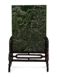 A Chinese Spinach Jade Inset Hardwood Table Screen