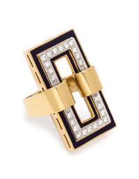 An 18 Karat Yellow Gold, Diamond, and Enamel Ring, Italian,