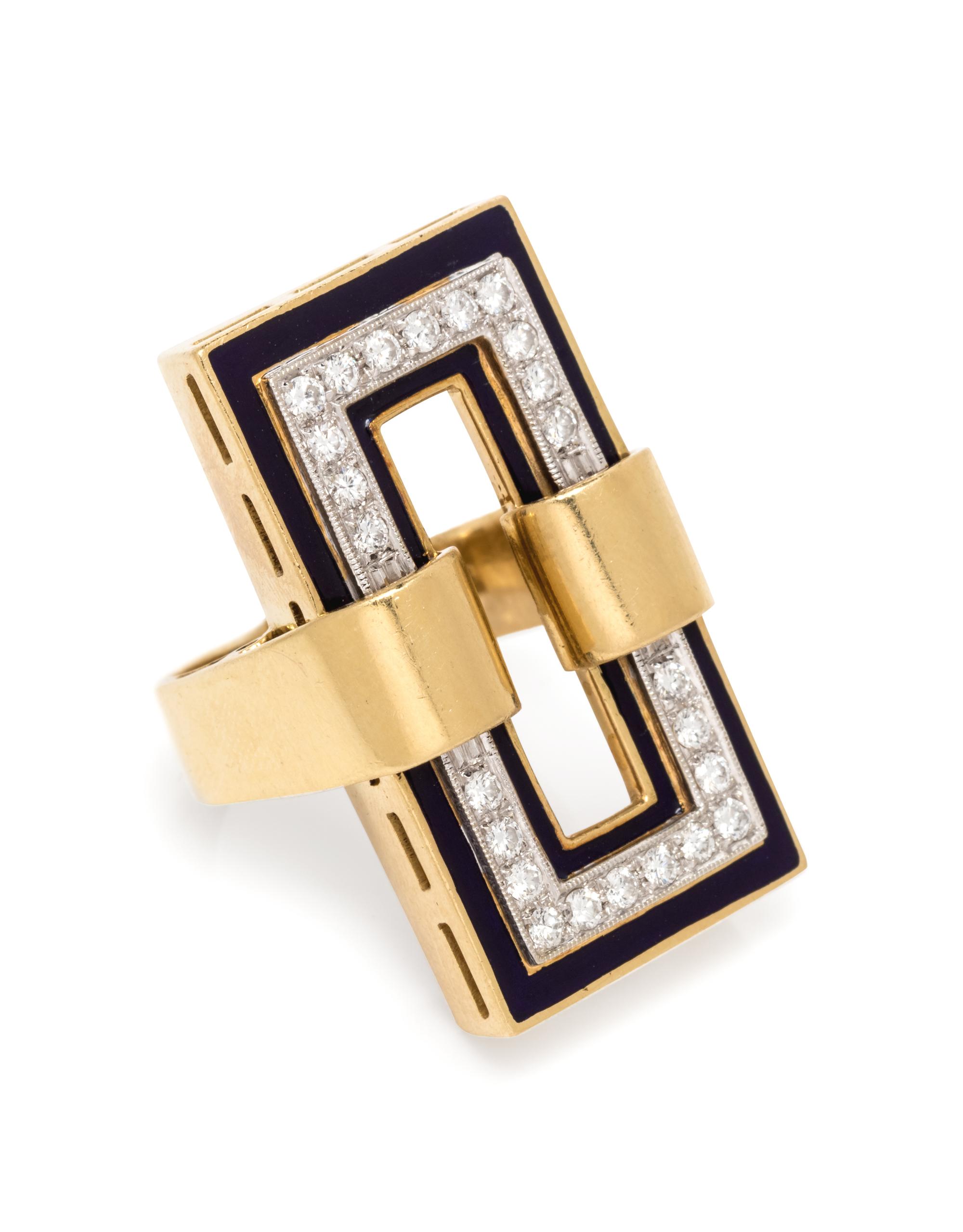 An 18 Karat Yellow Gold, Diamond, and Enamel Ring, Italian,