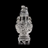 A Chinese Rock Crystal Vase, Cover, and Stand, 19th Century 清晚期 水晶雕螭龍雙耳瓶